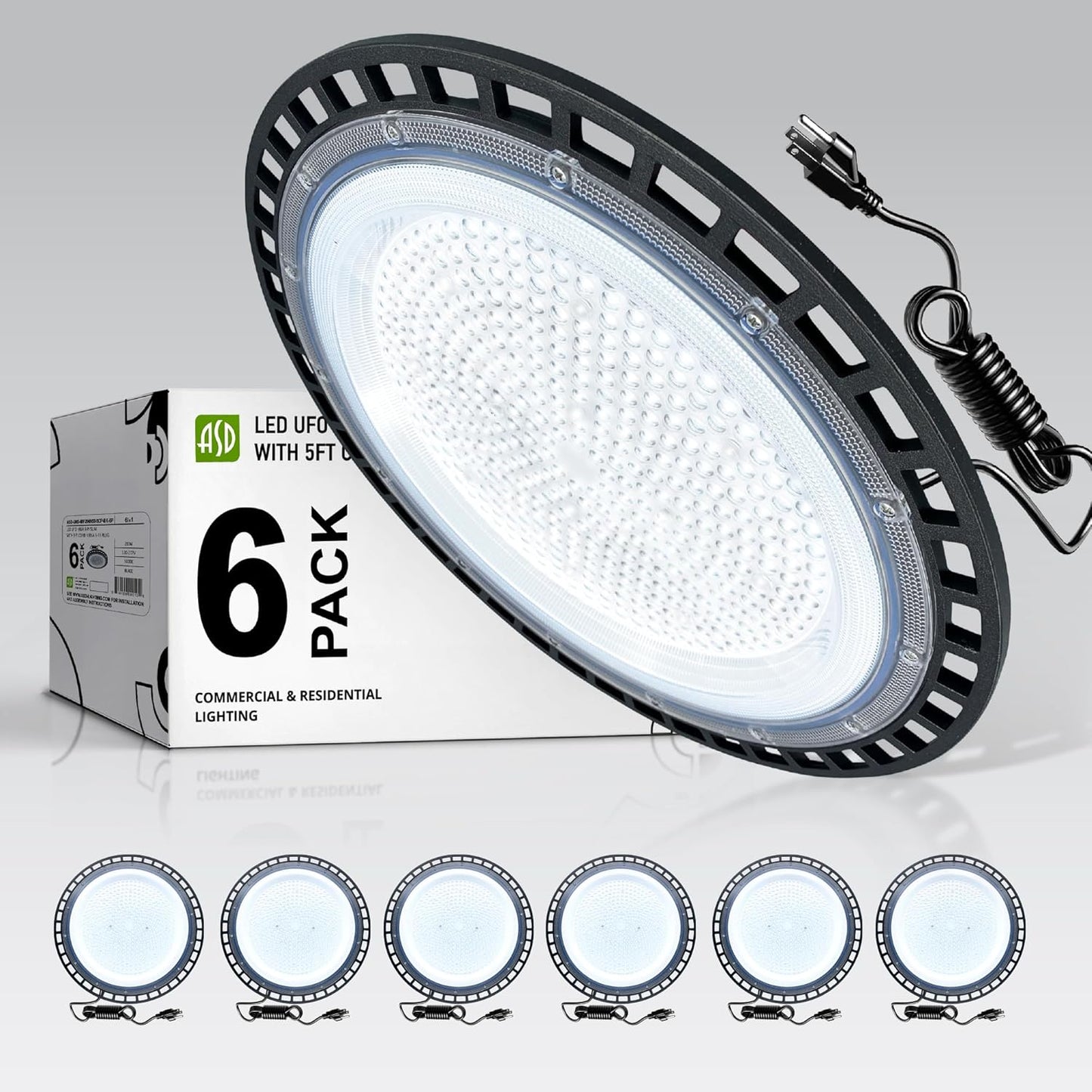ASD LED High Bay UFO Light Fixture, Commercial Shop Lighting | Plug & Play Cable, IP65 Waterproof, ETL Listed | 200W 23900LM 5000K 100-277V | Warehouse, Garage, Workshop, Barn Lamp | Black, 6 Pack