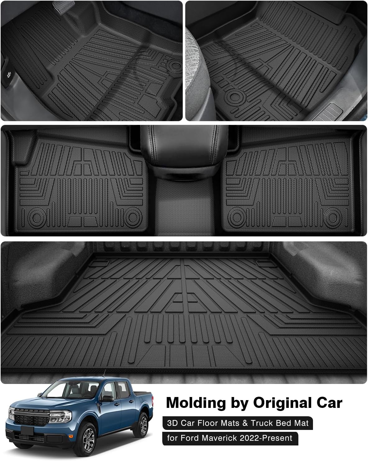Powerty Floor Mats & Truck Bed Mat for 2022-2024 2025 Ford Maverick Gas Model Accessories Floor Mats 2 Row Liner Set All Weather TPE 3D Floor Liners&Truck Bed Liner