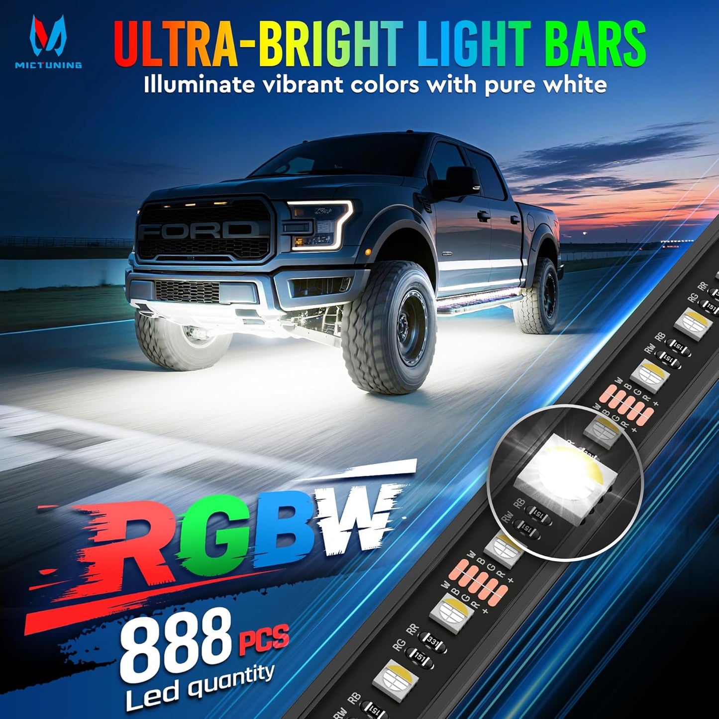 MICTUNING U8 RGBW Underglow LED Light Bars (8-Piece Kit) 888 Ultra-Bright LEDs, Dual Remotes, White+RGB Colors, IP68 Waterproof Aluminum Housing – for Cars, Trucks, SUVs, ATVs