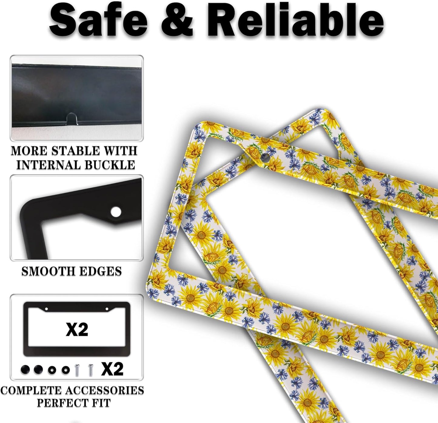 License Plate Cover Frame for Women Multicolor License Plate Frames for Men Sunflowers Aluminum Metal Car Accessory 2 Pack with Screw Covers Set