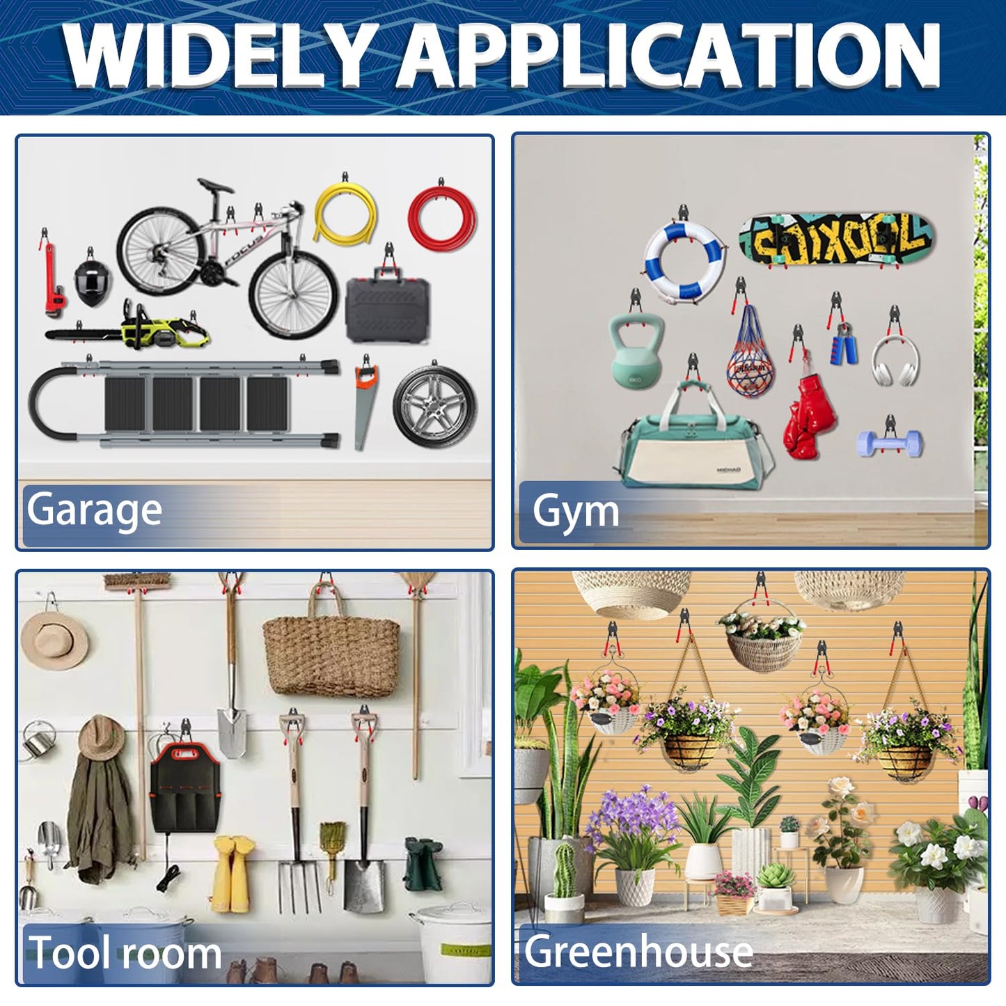 3-H Garage Wall Hooks 14 Pack,Garage Hooks Heavy Duty with Extra Welding Spots,Garage Hooks for Hanging,Garage Organizer for Garden,Lawn,Yard Tools,Chairs,Ladders,WeedEater,Shovel,Blower(Red)