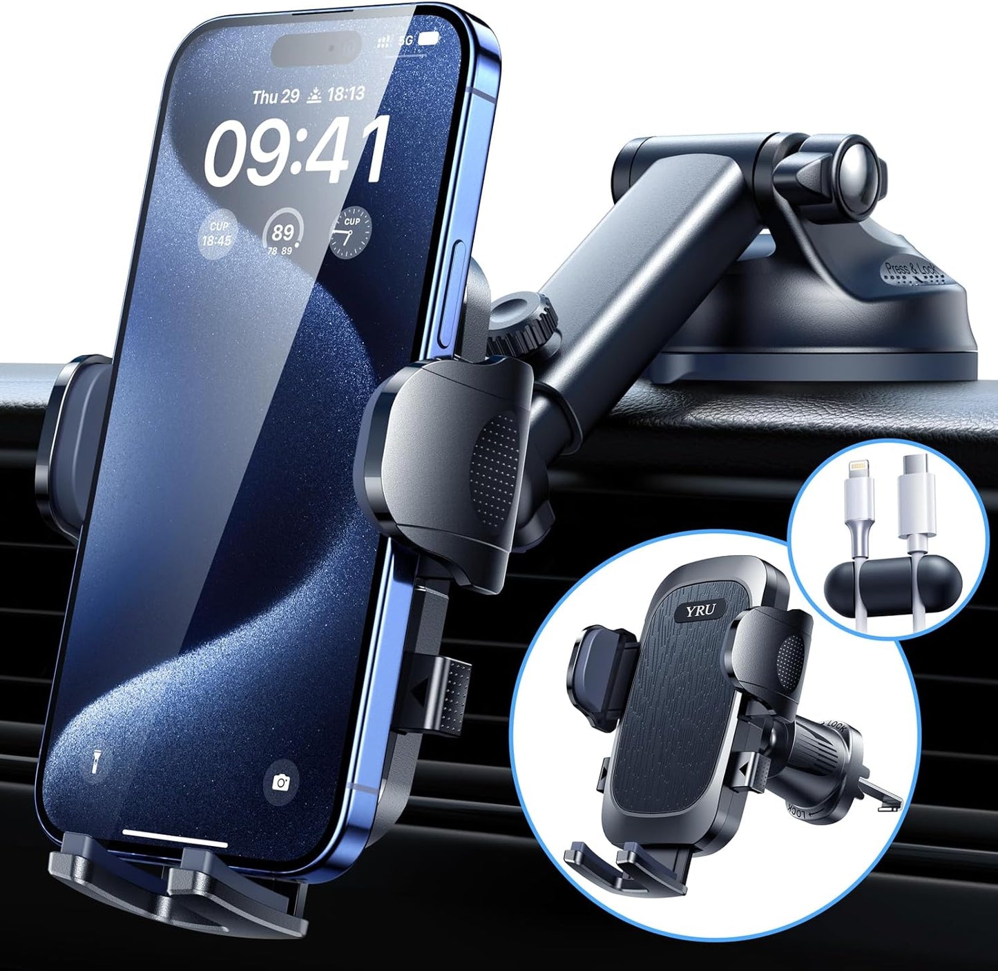 [True Military-Grade & 360 Degrees Rotatable Suction] 2025 YRU Ultimate Car Phone Holder Mount 【90+LBS Safest Strongest&Patent Cert】Dashboard Windshield Vent for iPhone 16 15 Pro Max Samsung,Jet Black