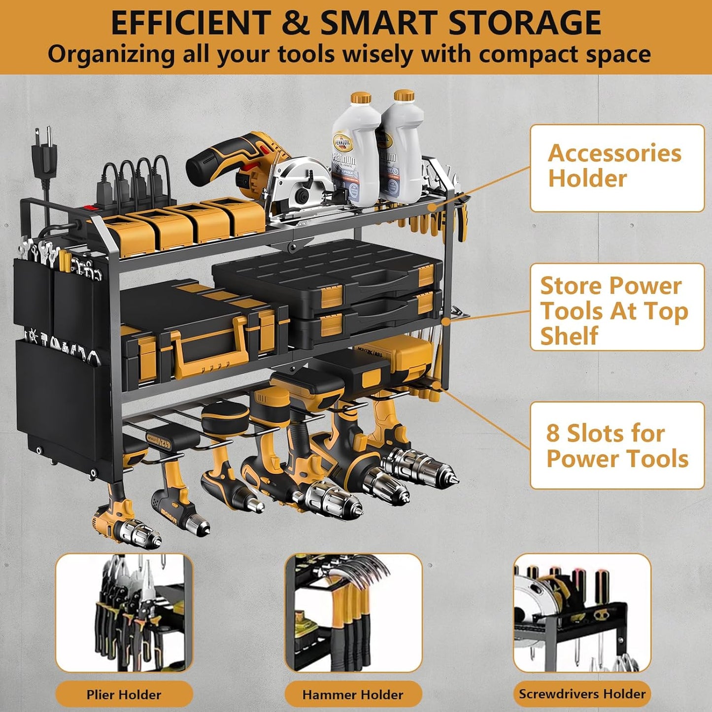 Power Tool Organizer with Charging Station: 7 Cordless Drills Holder Wall Mount Power Tool Shelf Storage Systems with 4 Outlet Power Strip, Electric Tool Storage Rack for Garage Organization/Workshop