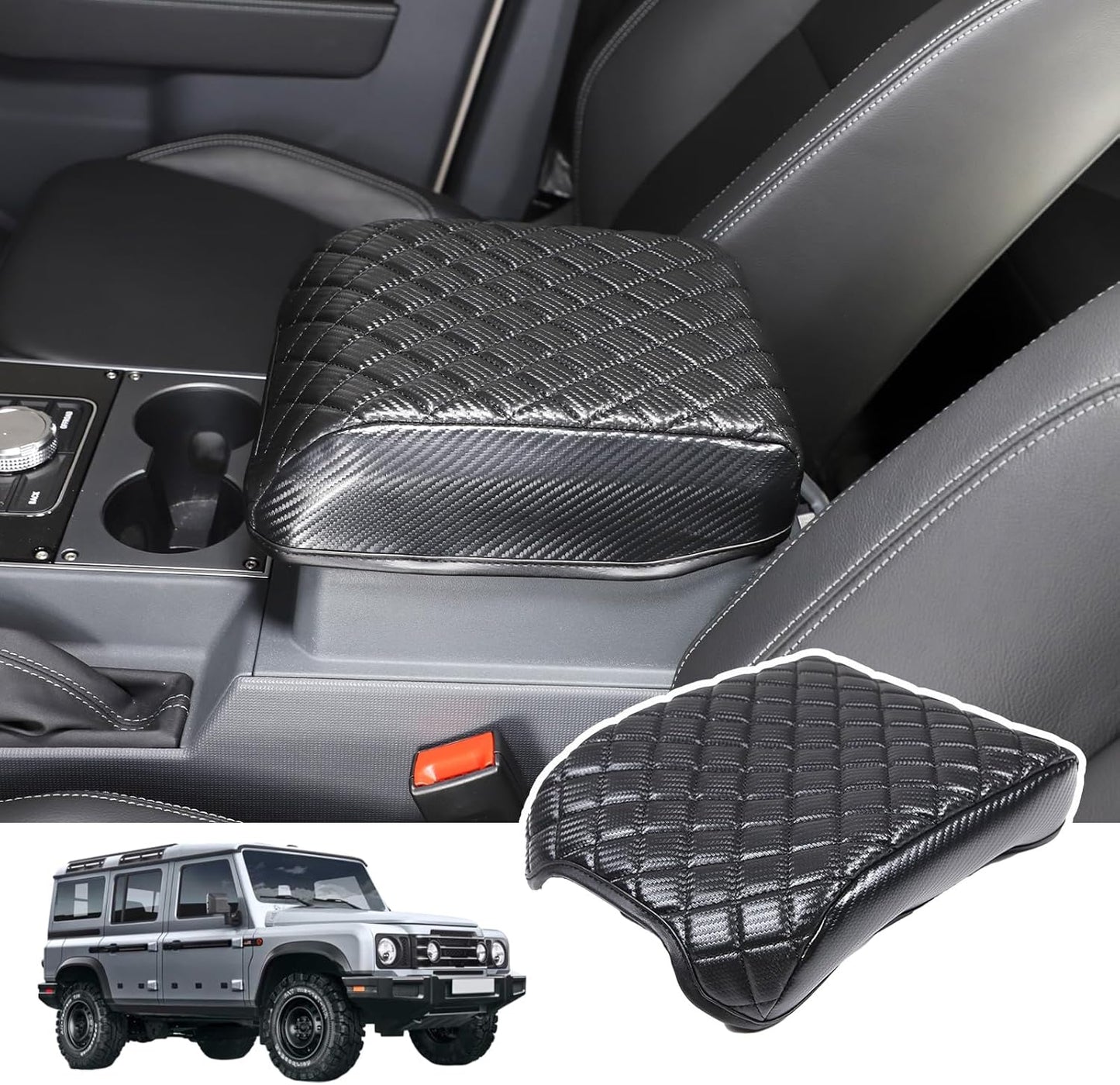 Car Armrest Box Cover Protector Compatible with Ineos Grenadier 2020-2024 Center Console Lid Protector Cover Original Customized Armrest Cover (Carbon Fiber Texture)