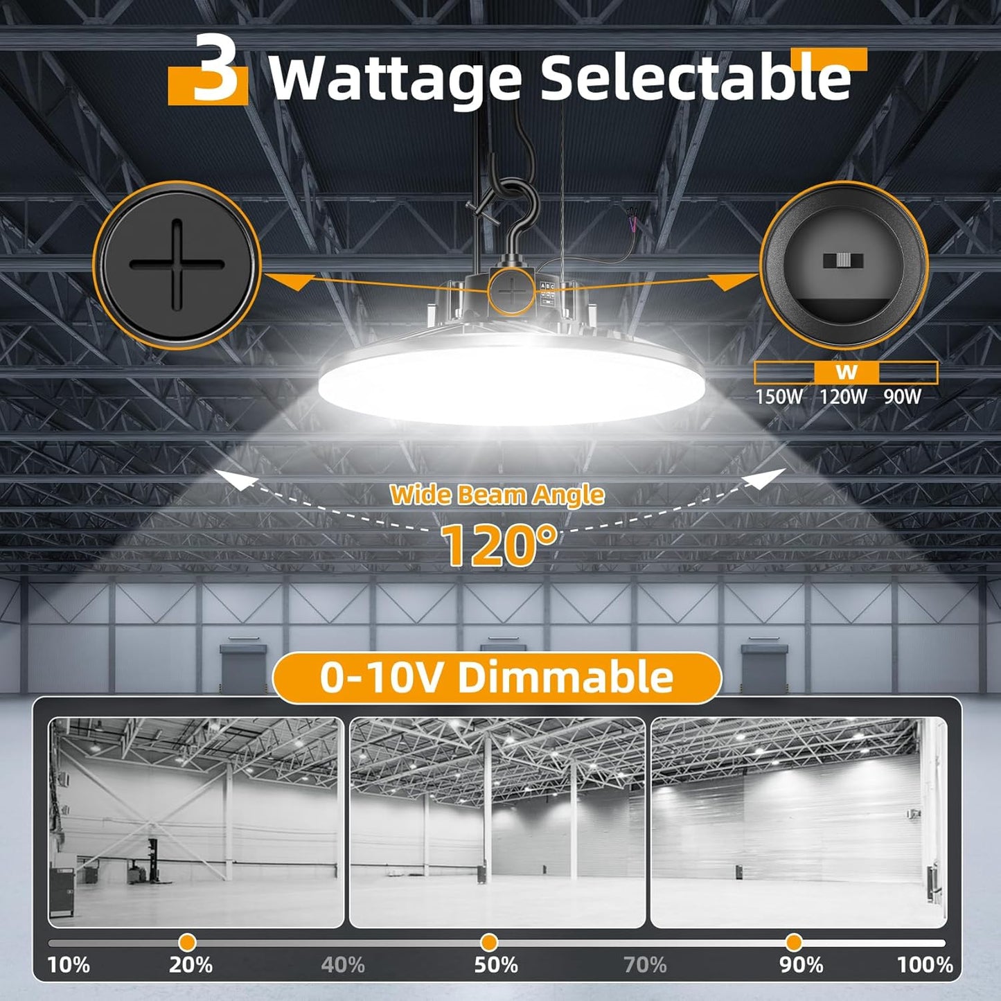 3 Pack 480V LED High Bay Light UL DLC Listed UFO Light 150W 100W 80W Adjustable, Dimmable High Bay LED Shop Lights 5000K Daylight, IP65 Commercial Bay Lighting for Warehouse Factory