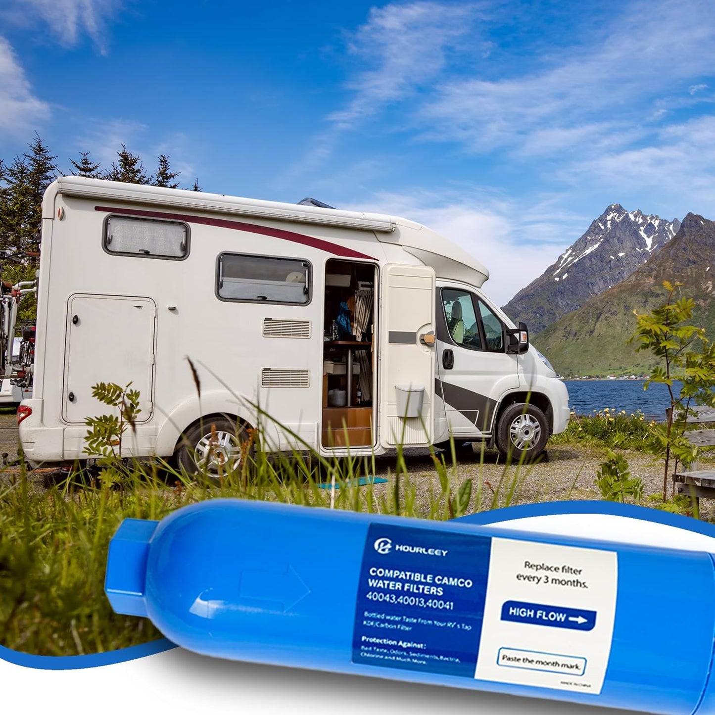 Hourleey 2 Pack RV Inline Water Filter with 2 Flexible Hose Protector, Reduce Bad Taste, Odors, Rust, Fluoride, Chlorine and Sediment in Drinking Water, Dedicated for RVs Campers Marines