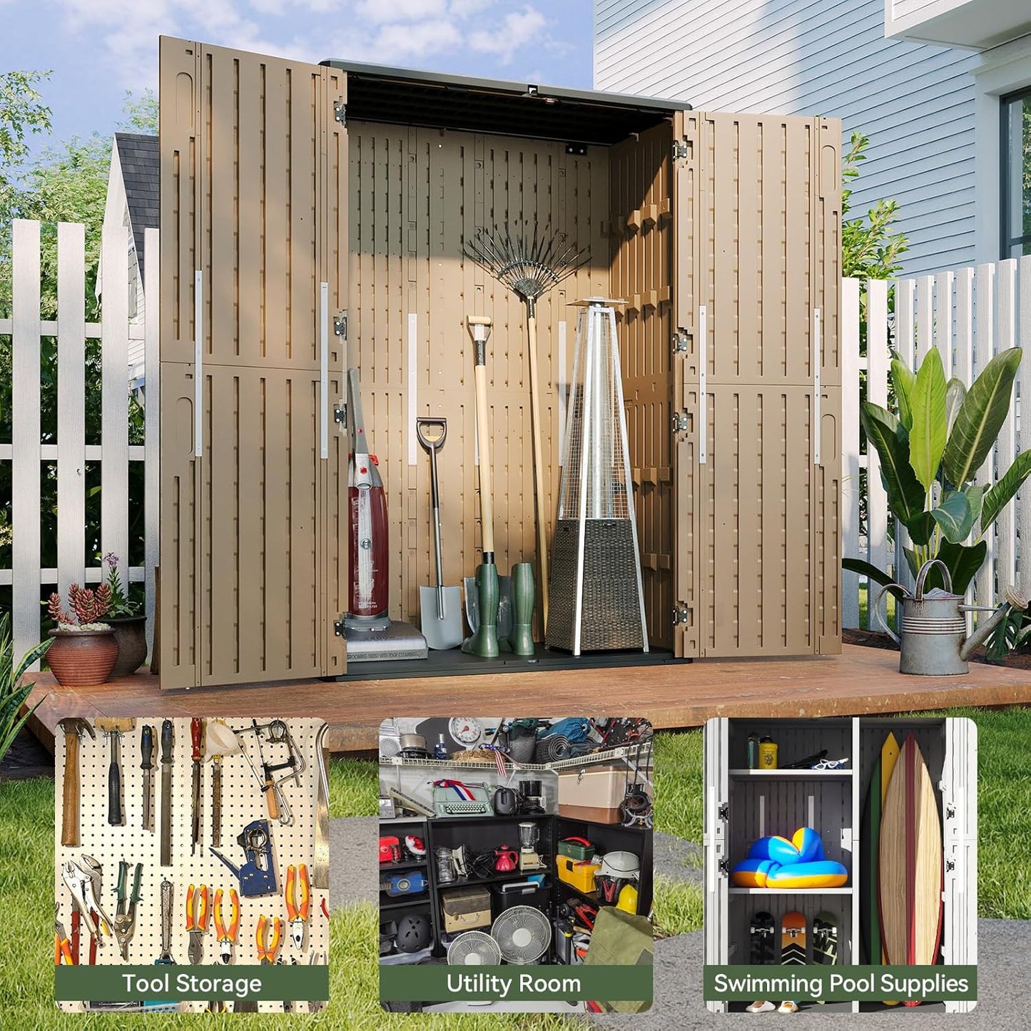 Aoxun Outdoor Storage Shed, 64 Cu.Ft Vertical Storage Sheds Outdoor with Floor, Outdoor Waterproof Storage Cabinet for Garage Storage, Pool Storage, Bike Shed, Garden Shed (Brown)