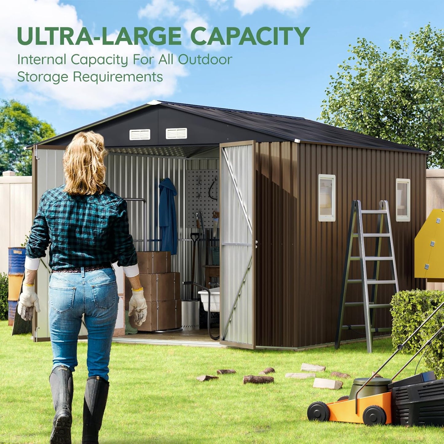 10X10X7.5 FT Outdoor Steel Storage Shed with Lockable Doors, 2 Windows, Metal Frame Floor (Wood Panels Not Included), Ideal for Backyard, Patio Storage,Chicken Coop, Brown