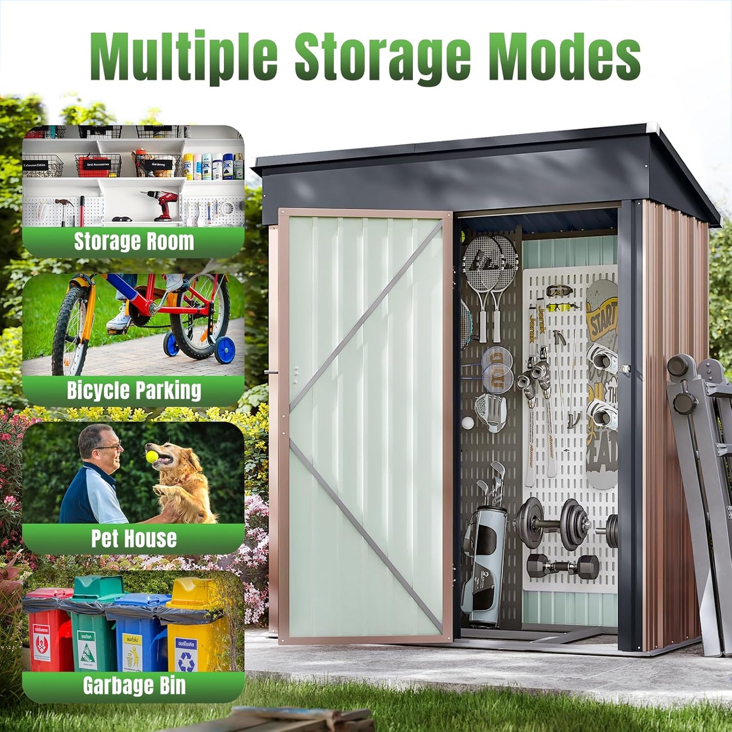 Aoxun 5'x3' Outdoor Storage Shed with Base Metal Garden Shed for Outside(Brown, 5' x 3'W/Base)