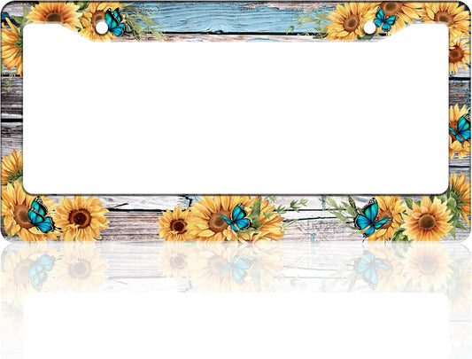 Blue Butterfly Sunflower License Plate Frame Wooden Board Flowers Animals License Plate Holder for Front or Rear Car Tags Stainless Steel Funny Car Decoration with Screws 6.3 X 12.2 in