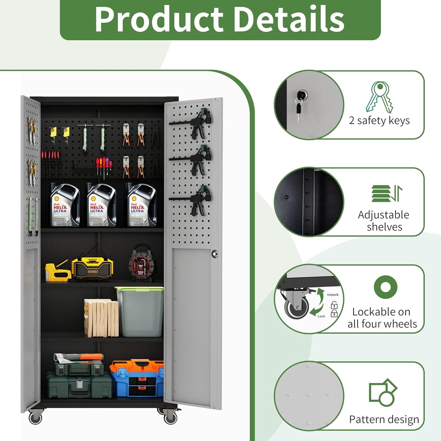 Metal Garage Storage Cabinet with Wheels,Locking Rolling Tool Cabinet with Drawers and Shelves for Home, Office, Garage & Workshop