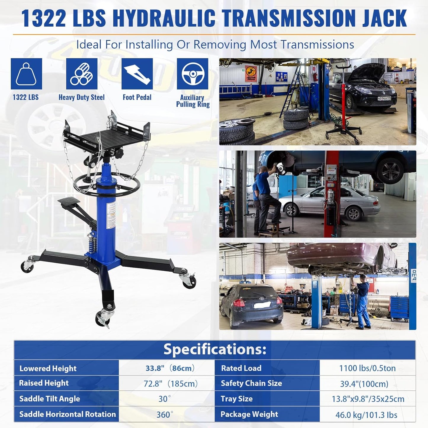 Transmission Jack with 2 Stage Hydraulic Ram, 1322 LBS Hydraulic Telescoping Transmission Jack with Foot Pedal & 360° Swivel Wheels, Heavy-Duty Garage/Workshop Jacks for Car/Truck Repairs, Blue