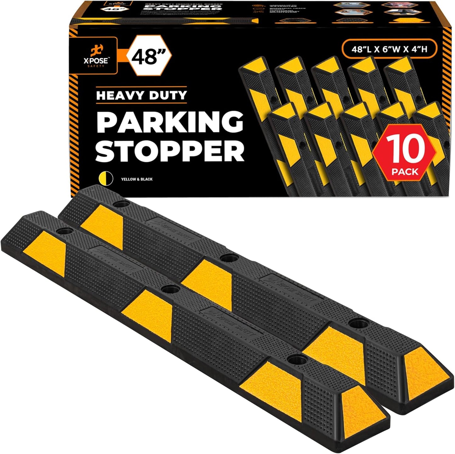 Xpose Safety 48" Heavy Duty Rubber Parking Stopper – 10 Pack Wheel Blocks for Garage, Driveway, or Ramp – Car Bumper Stop with Yellow Reflective Strips – Removable Floor Mount