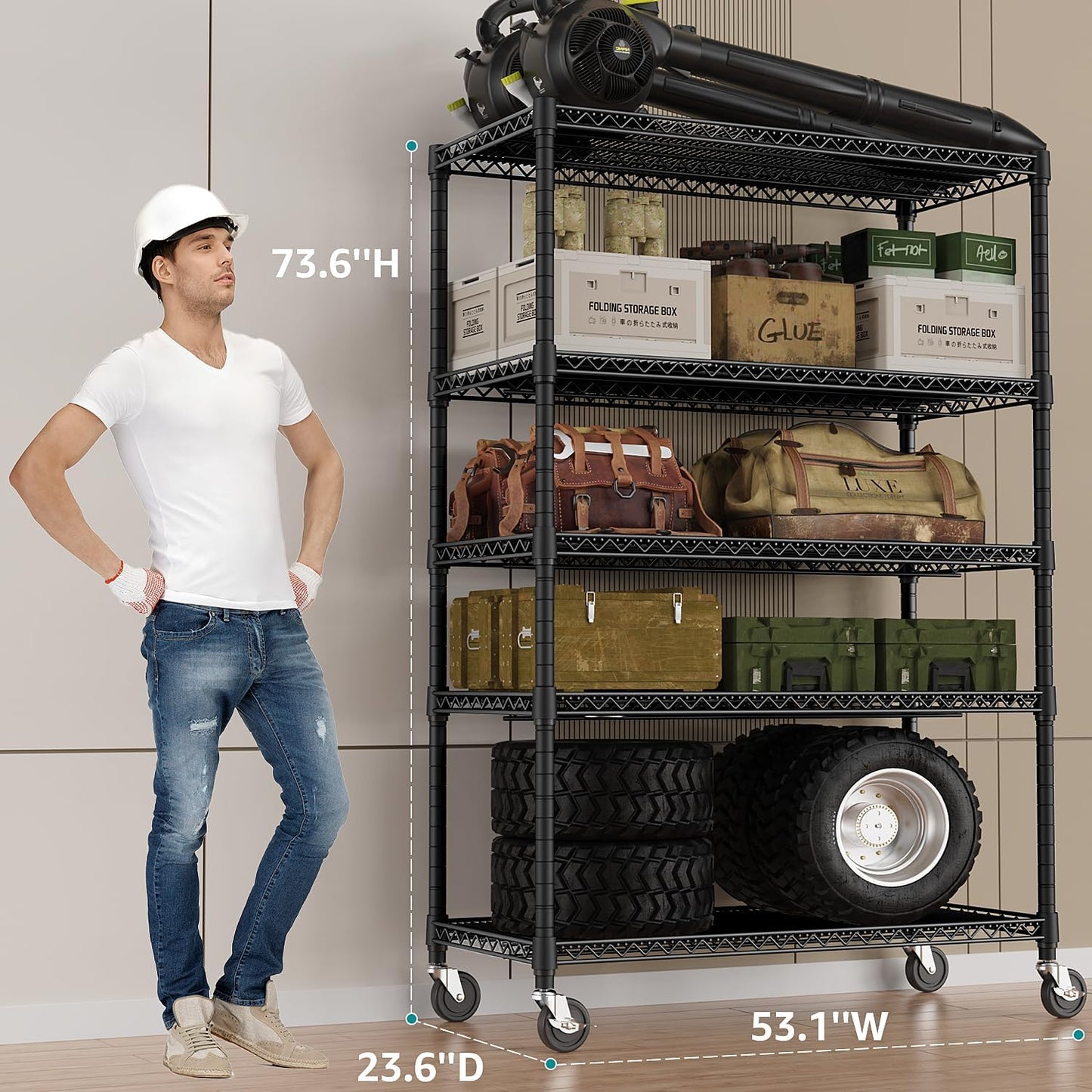 IZEUK Garage Shelving Wide Storage Shelves 5 Tier Metal Shelves Heavy Duty Adjustable Utility Shelf Rack Black 23.6" D x 53.1" W x 73.6" H