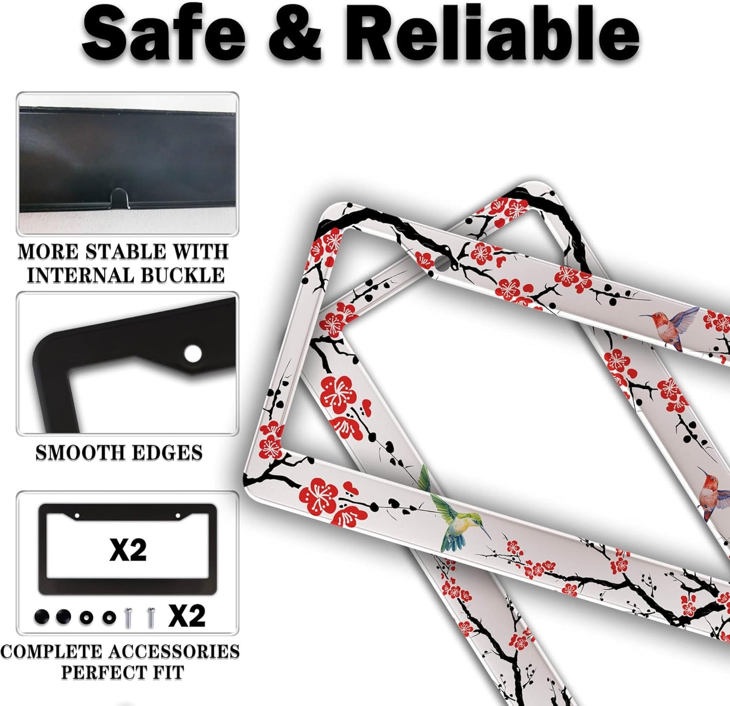 Automotive Exterior Accessories Black, White, and Red License Plate Frames Hummingbird Flowers Universal Aluminum Car Accessory 2 Pack with Screw Covers Set