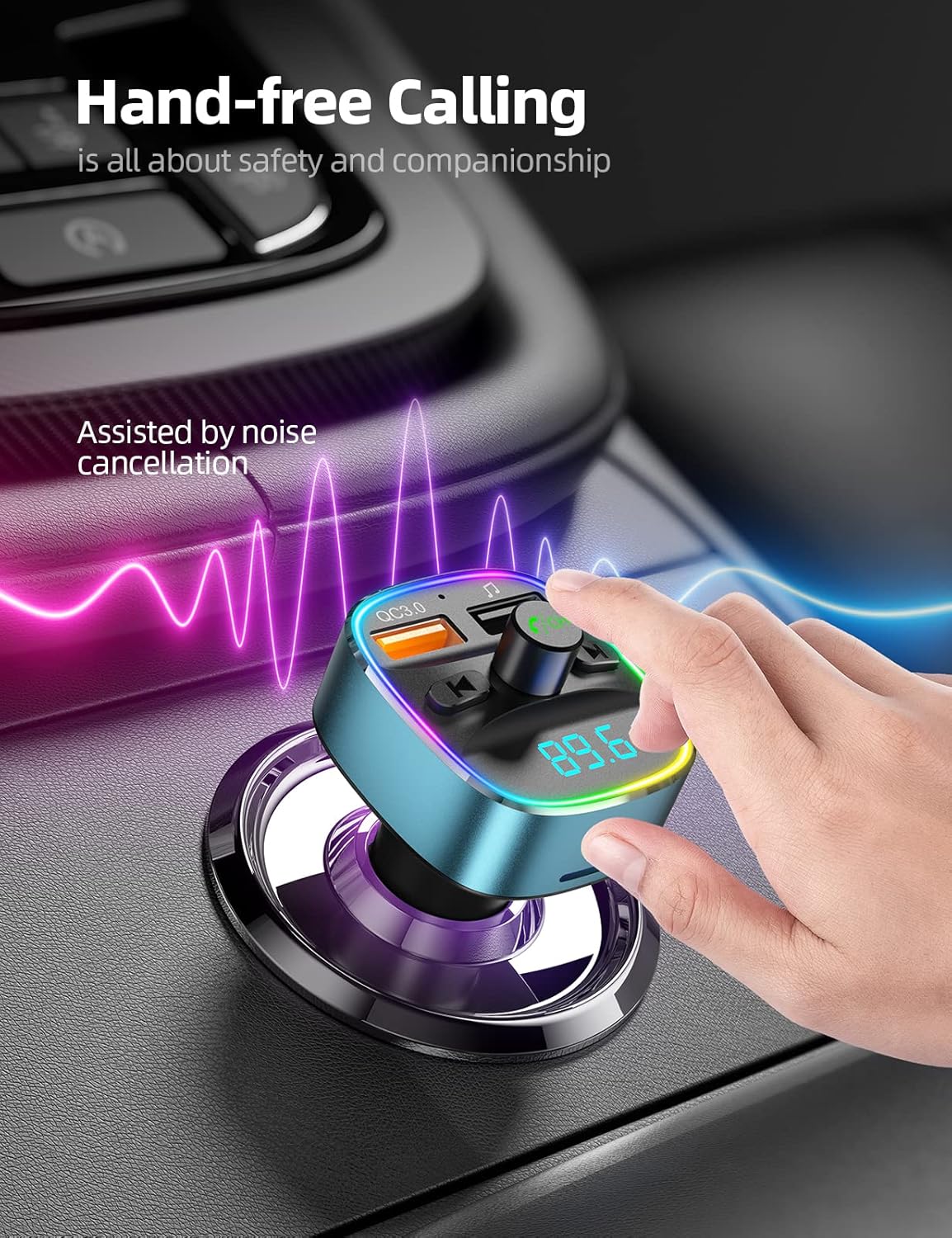 Nulaxy Bluetooth FM Transmitter, Bluetooth Car Adapter with Dual USB Charging Car Charger, MP3 Player Support, TF Card & USB Disk, Hands-Free Calling, 7 Colors LED Backlit Light-Blue