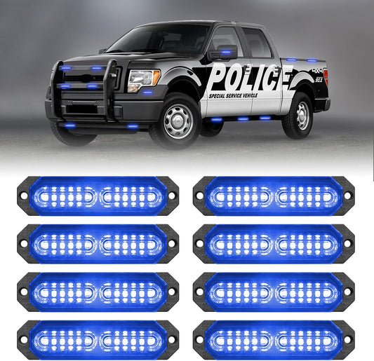 HLauto 1200T Emergency Strobe Grille Lights: 8pcs 12 LED Sync Feature Safety Warning Flashing Light, Ultra Slim Surface Mount Hazard Caution Lights for Trucks, Vehicles, Car, ATV, UTV (Blue)