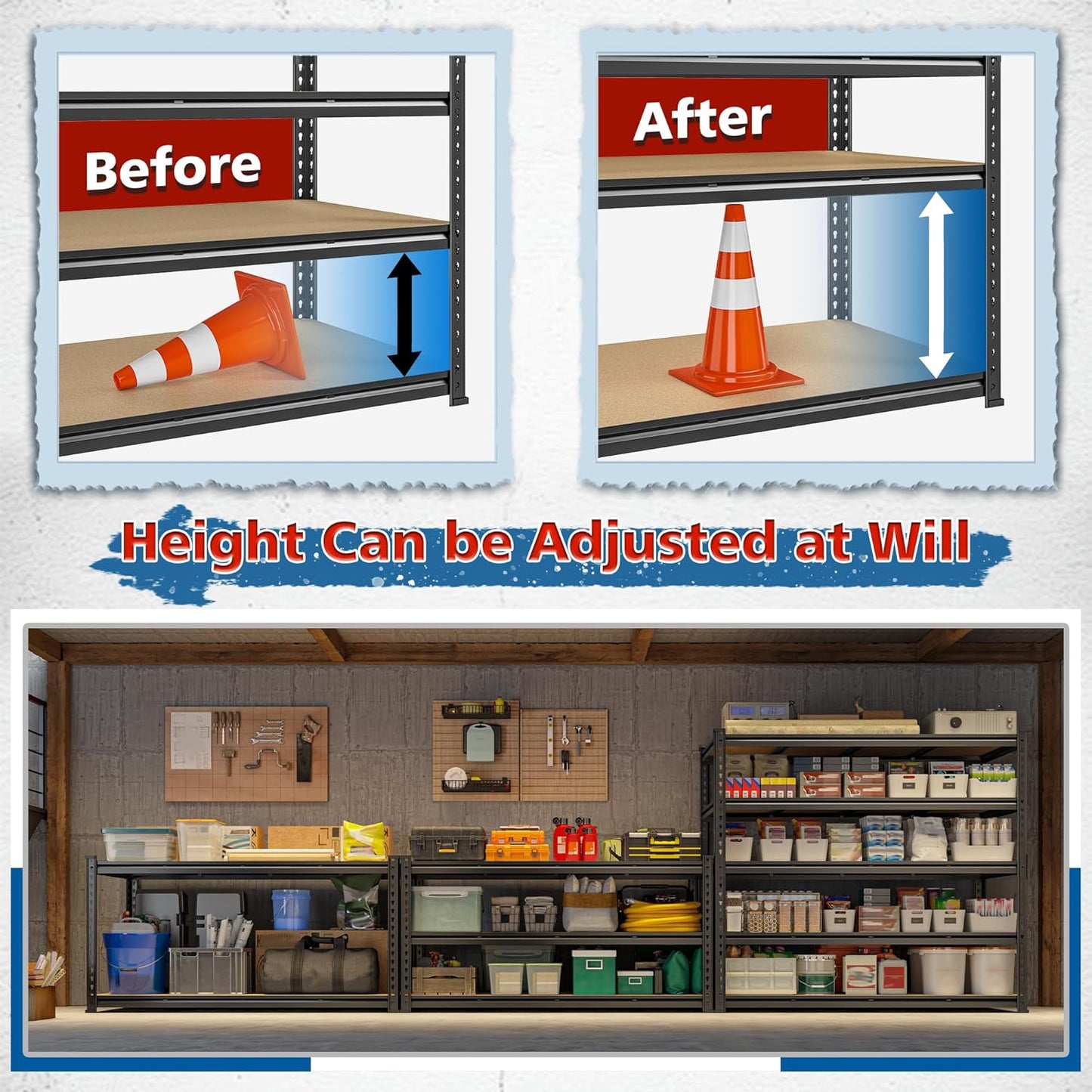 55" W Storage Shelves, 2550LBS Garage Shelving Heavy Duty, 5-Tier Heavy Duty Shelving, Adjustable Metal Shelving Unit for Garage, Warehouse, Pantry, Kitchen, 55" W × 24" D × 72" H, Black