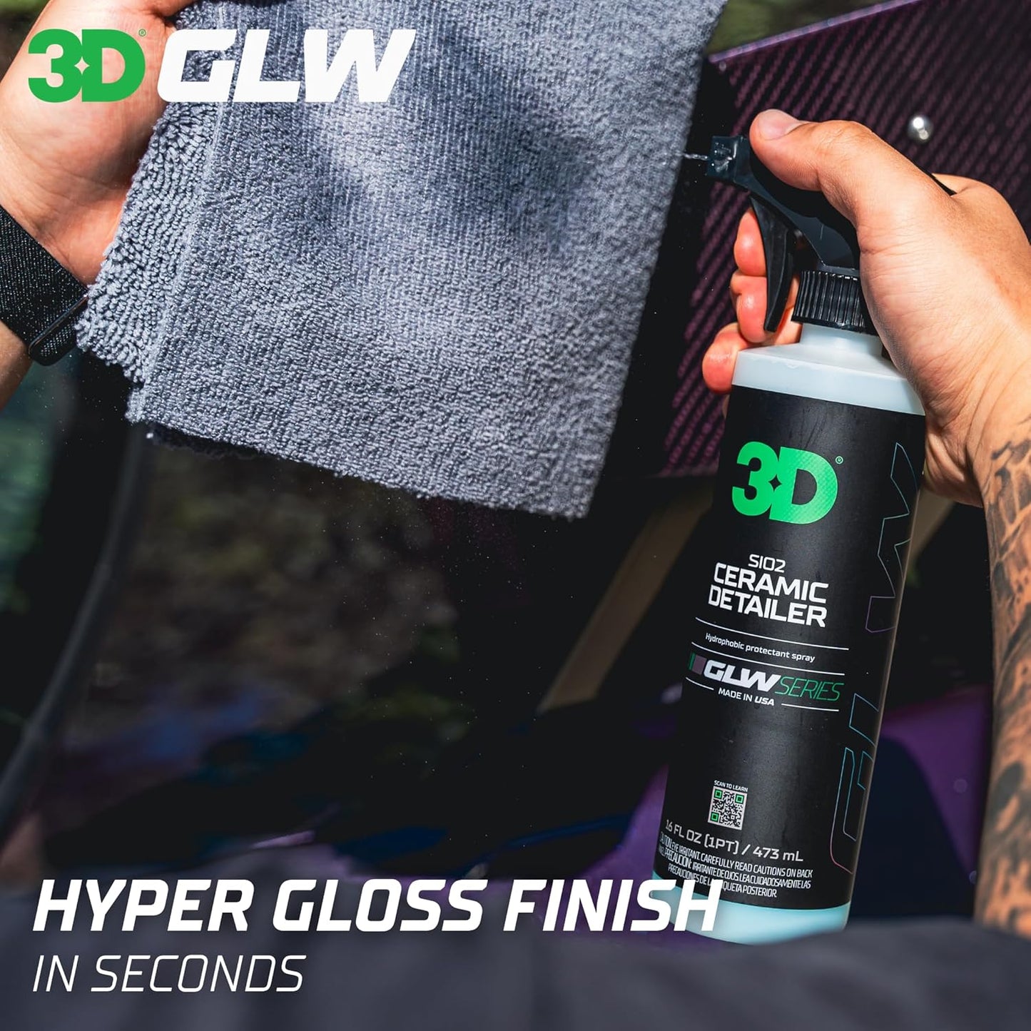 3D Ceramic Detailer, GLW Series | Hyper Gloss Finish | SiO2 Peak Hydrophobic Top Coat | Extends Life of Waxes, Sealants, Coatings | DIY Car Detailing Spray | 16 oz