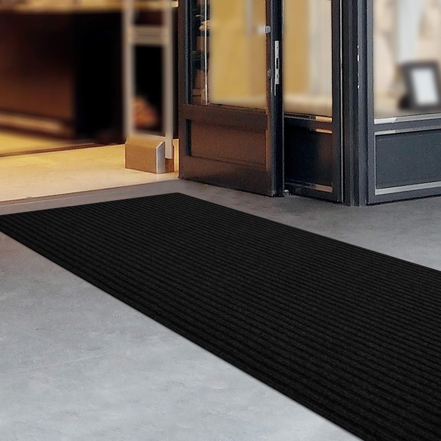 iCustomRug Spartan Weather Warrior Indoor/Outdoor Utility Ribbed Carpet Runner with Non-Slip Thermoplastic Rubber Backing, 28in X 30ft in Black