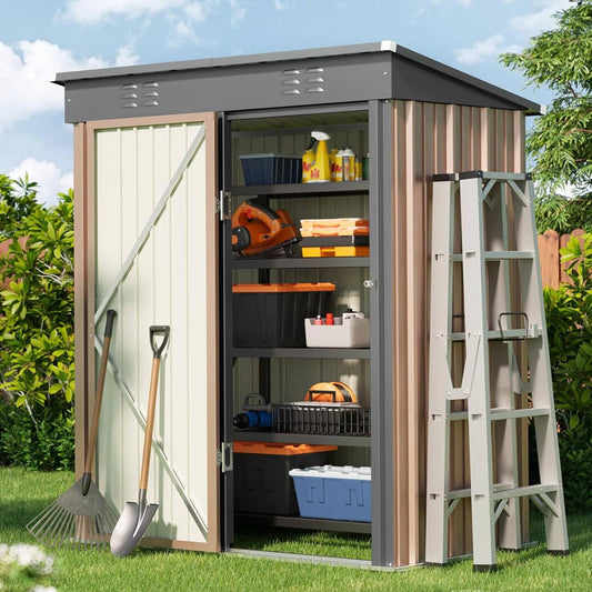 Bealife Outdoor Storage Shed Clearance, Metal Outdoor Storage Cabinet, Waterproof Tool Shed, Lockable Backyard Sheds for Garden, Patio and Lawn (Brown, 5' x 3')