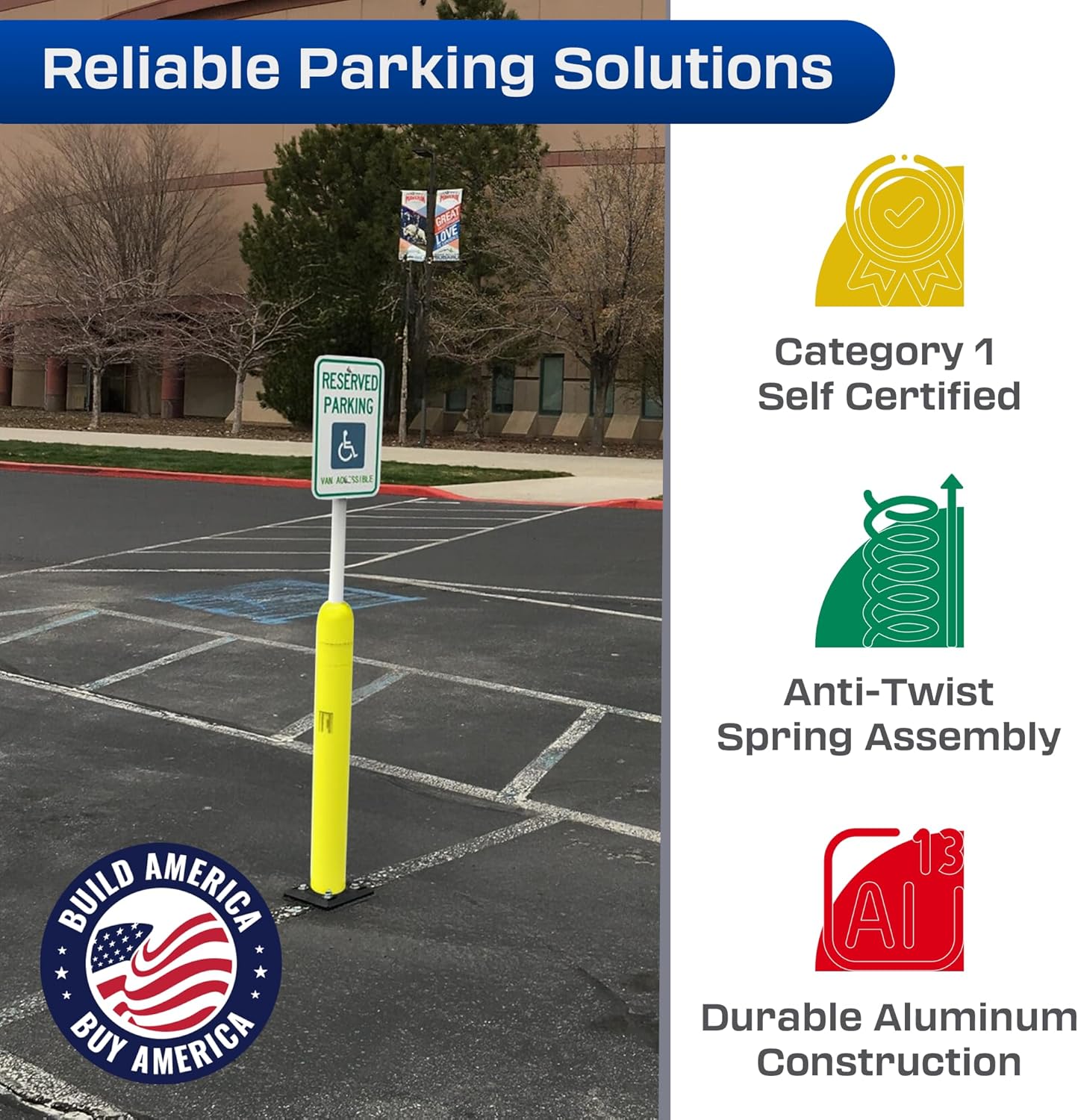 Impact Recovery - Sta-Rite Flexible Sign Post - Sign Holder - Handicap Parking Signs - Made in the USA - 78” with Yellow Bollard - Van Accessible Signage