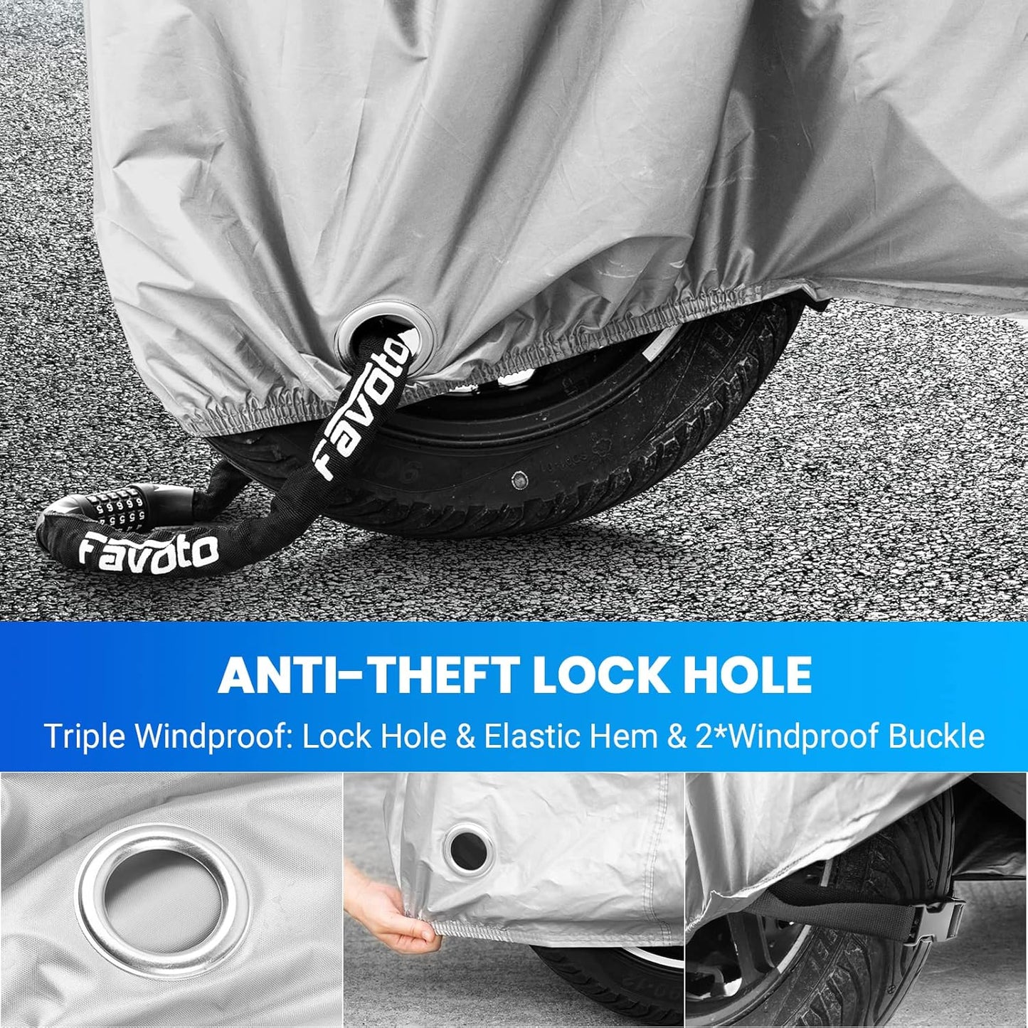 Favoto Motorcycle Cover Waterproof Outdoor - All Season Sun Protection with Lock-Holes Rain Snow Windproof Dustproof Universal Fit Motorbikes Vehicle Moped Cover, 96.5" x 41" x 50"