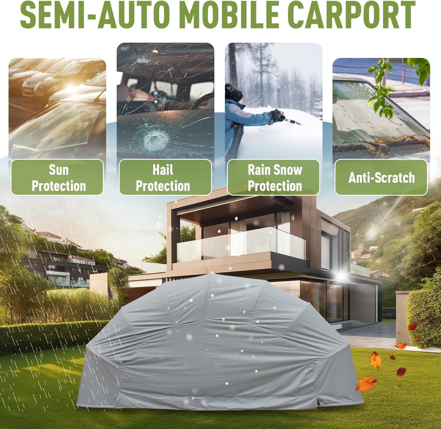 Stainless Steel Carport, Foldable Retractable Garage, Heavy Duty Mobile Carport, Semi-Automatic Outdoor Shelter, All-Weather Weatherproof RV Cover, for Parking Lot, Yard, Grey