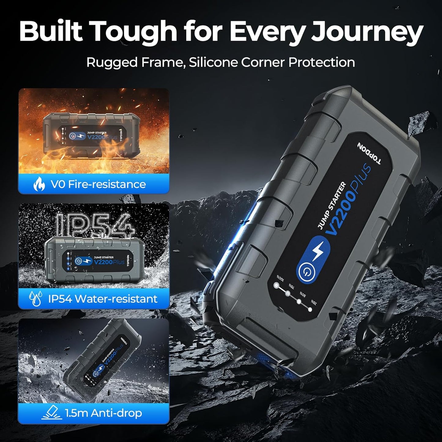 Car Battery Jump Starter and Battery Tester TOPDON 2-in-1 2200A Peak Jump Starter for Up to 8L Gas/6L Diesel Engines 12V Portable Booster and Tester