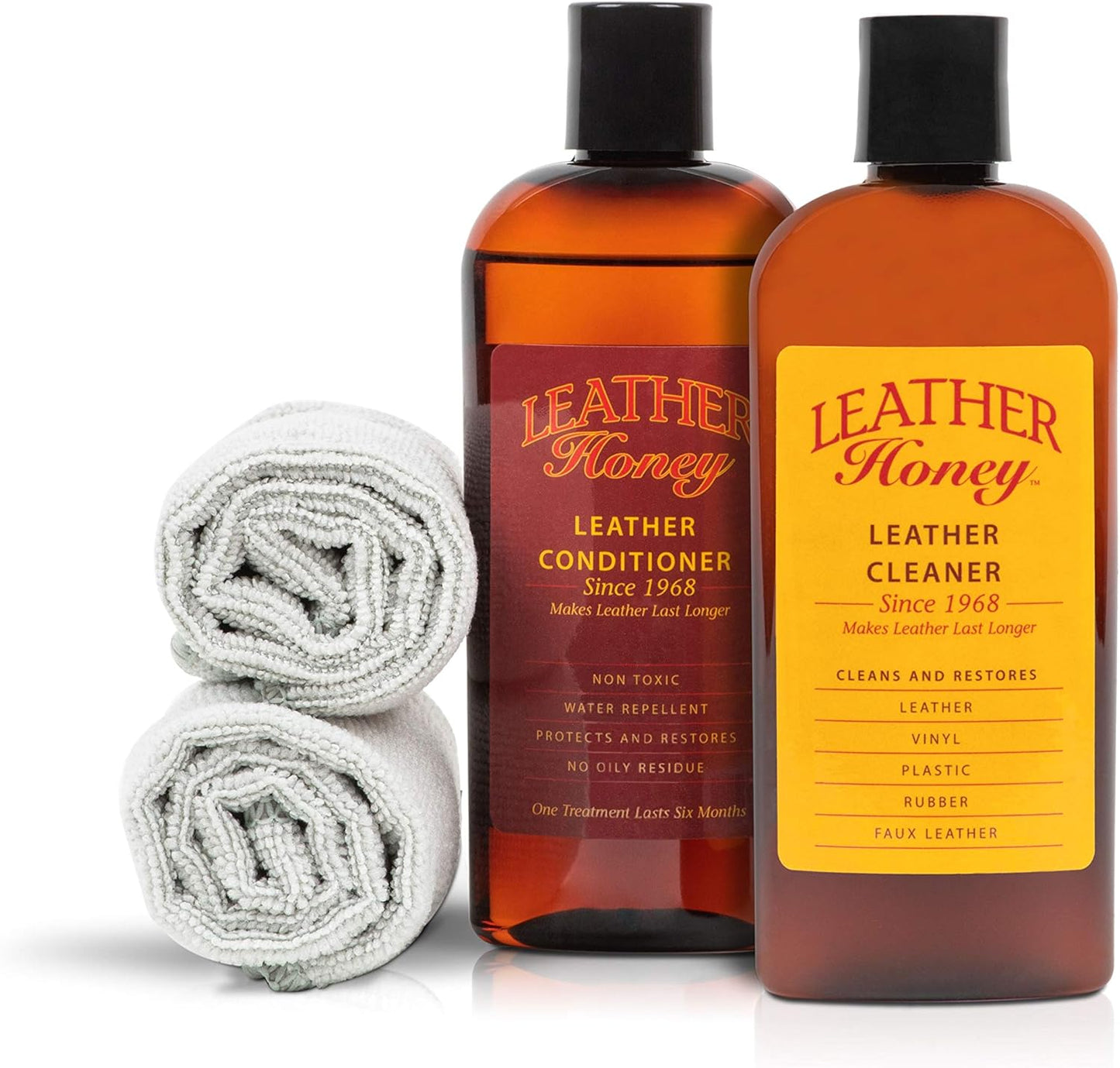 Leather Honey Leather Conditioner & Cleaning Kit for use on Leather Apparel, Furniture, Auto Interiors, Shoes, Bags and Accessories. Conditioner, Cleaner and 2 Lint-Free Cloths.