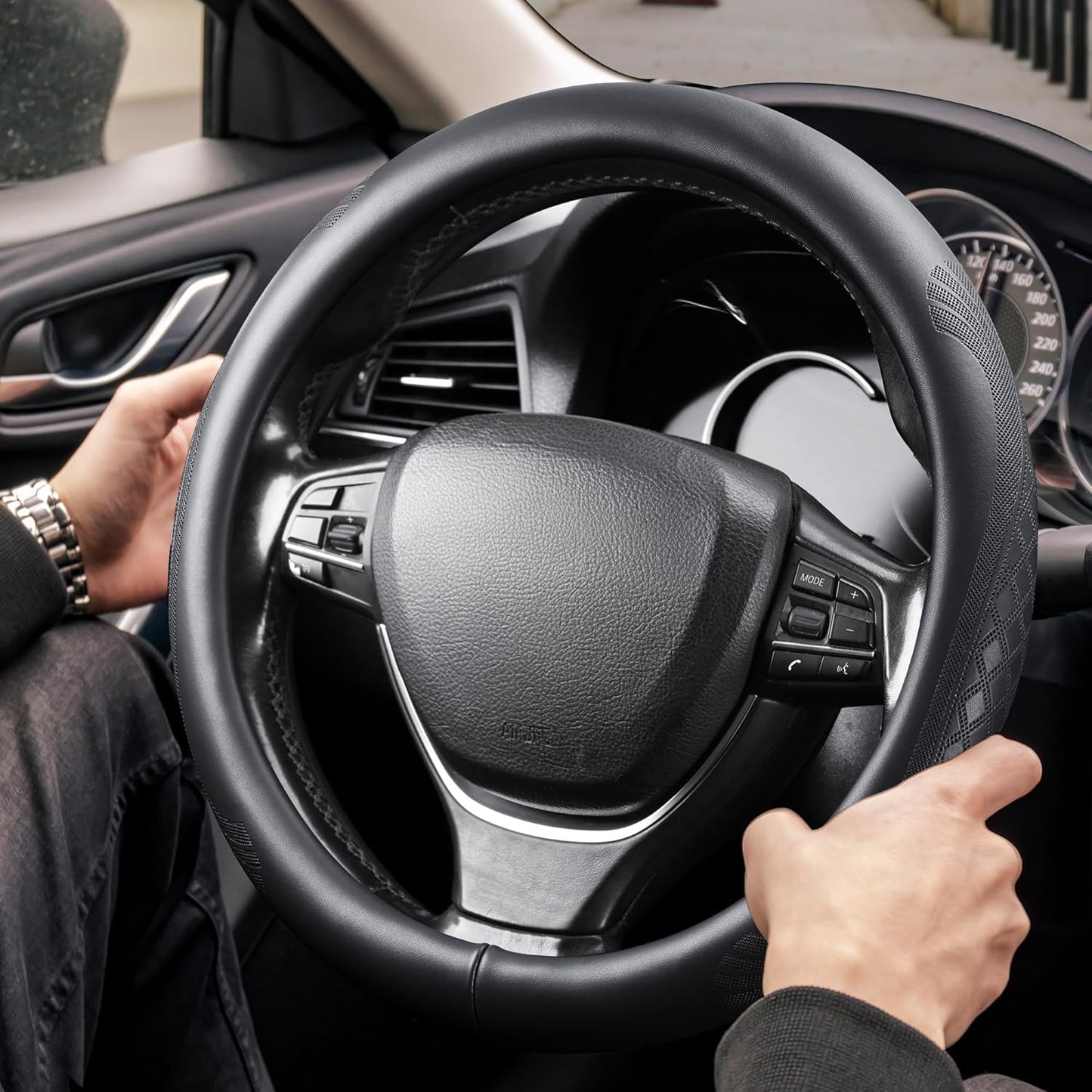 【2025 Model】 High-Grade Real Cowhide Steering Wheel Cover，Black Genuine Leather Steering Wheel Cover for Cars,Universal 15 inch Steering Wheels,Grid & Square Motif