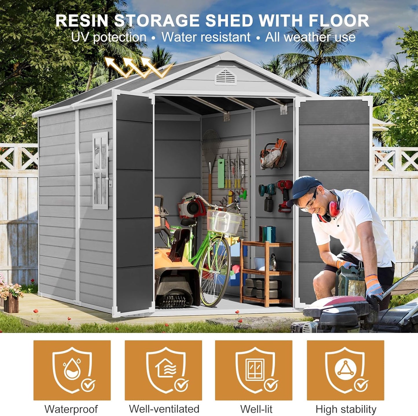 Restland 8x6 FT Resin Storage Shed with Floor, Waterproof Outdoor Plastic Sheds with Window for Backyard Garden Patio Lawn Tools, Gray