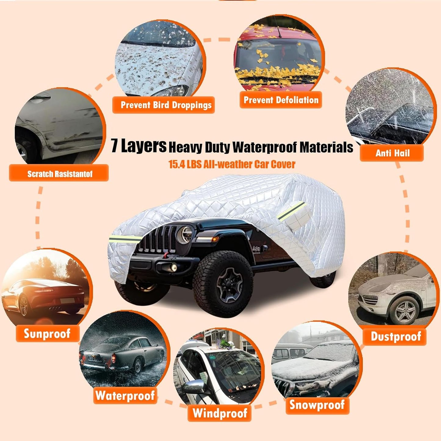 7 Layers Waterproof Heavy Duty Car Covers for Automobiles All Weather Season Anti-Hail UV Protection Snowproof Outdoor 15.4LBS Full Cover Universal Fit SUV 191" to 207"