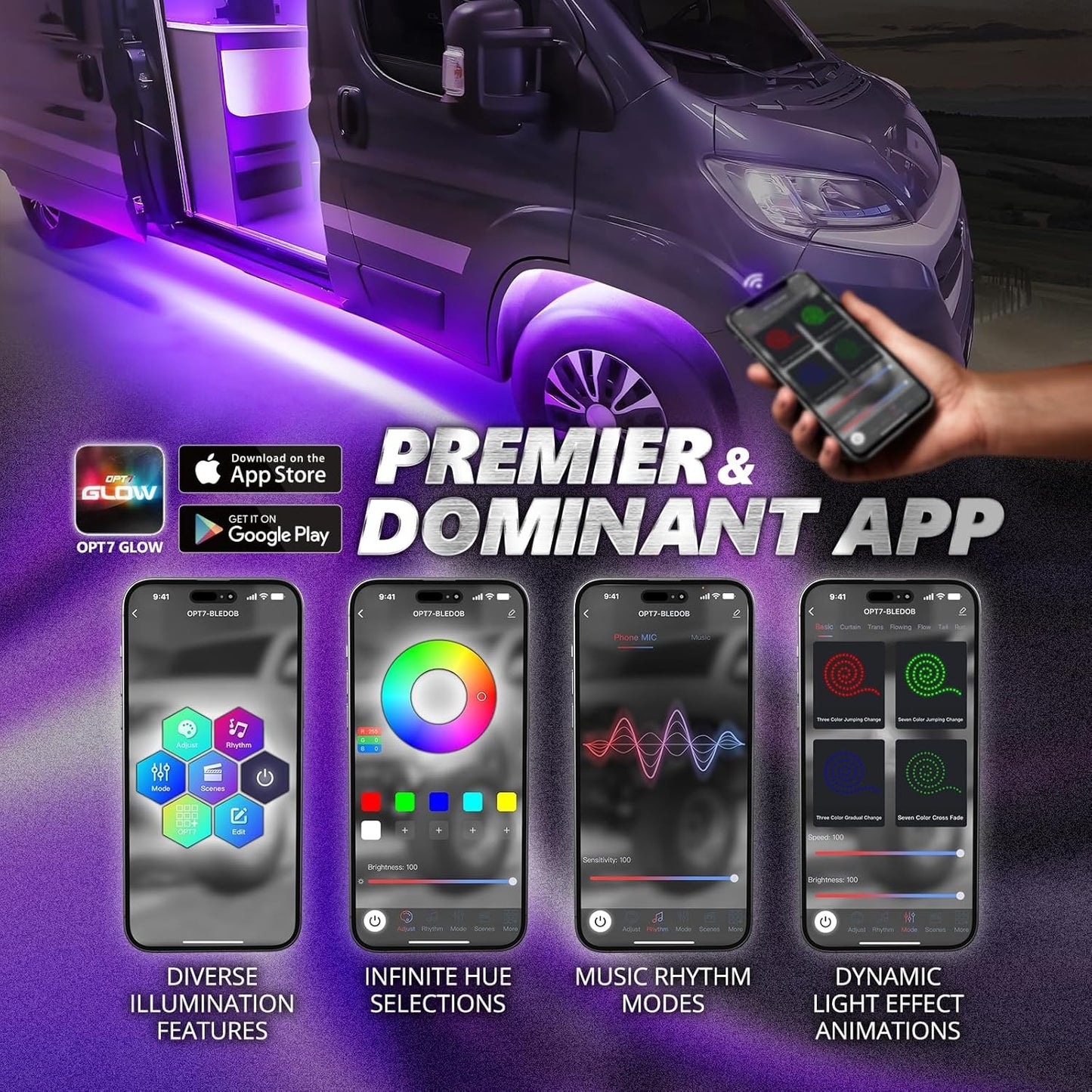 OPT7 Aura Pro Underglow Lights for Class B & B+ RV Motorhomes with APP & Remote Control, RGB Multicolor Modes, Music Sync, 6 PCS Waterproof Rigid Aluminum Light Bar, Outdoor Neon Accent LED Strip Kit