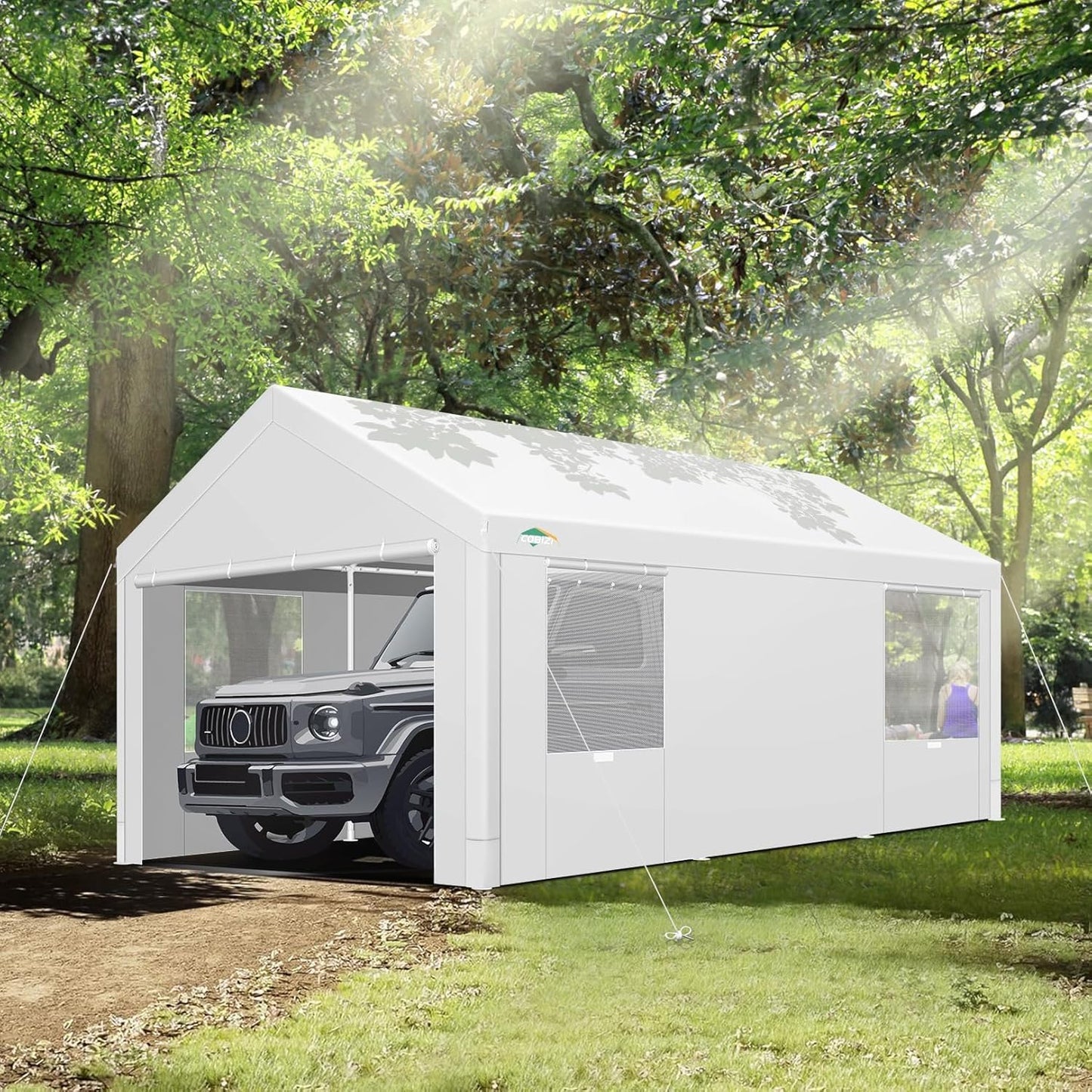 COBIZI Carport 10x20ft Heavy Duty Portable Garage, 2.0 Powder Coated Frame(Better Than Galvanized), Waterproof Shelter with Removable Sidewalls & Windows, Built-in Sandbags, for Car/Boat/SUV, White