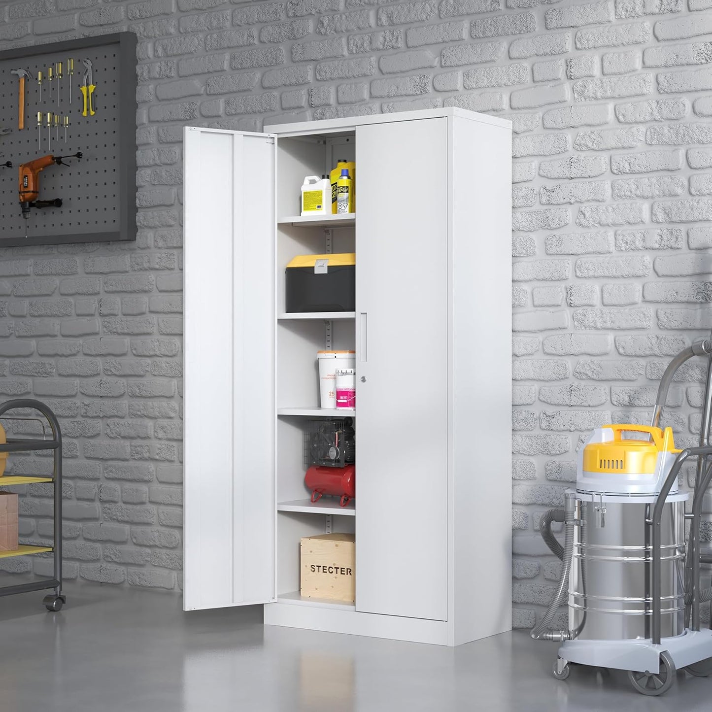 Metal Storage Cabinet with Adjustable Shelves, Garage Tool Cabinet with 2 Lockable Doors for Office, Home, Garage, Require Assembly, White