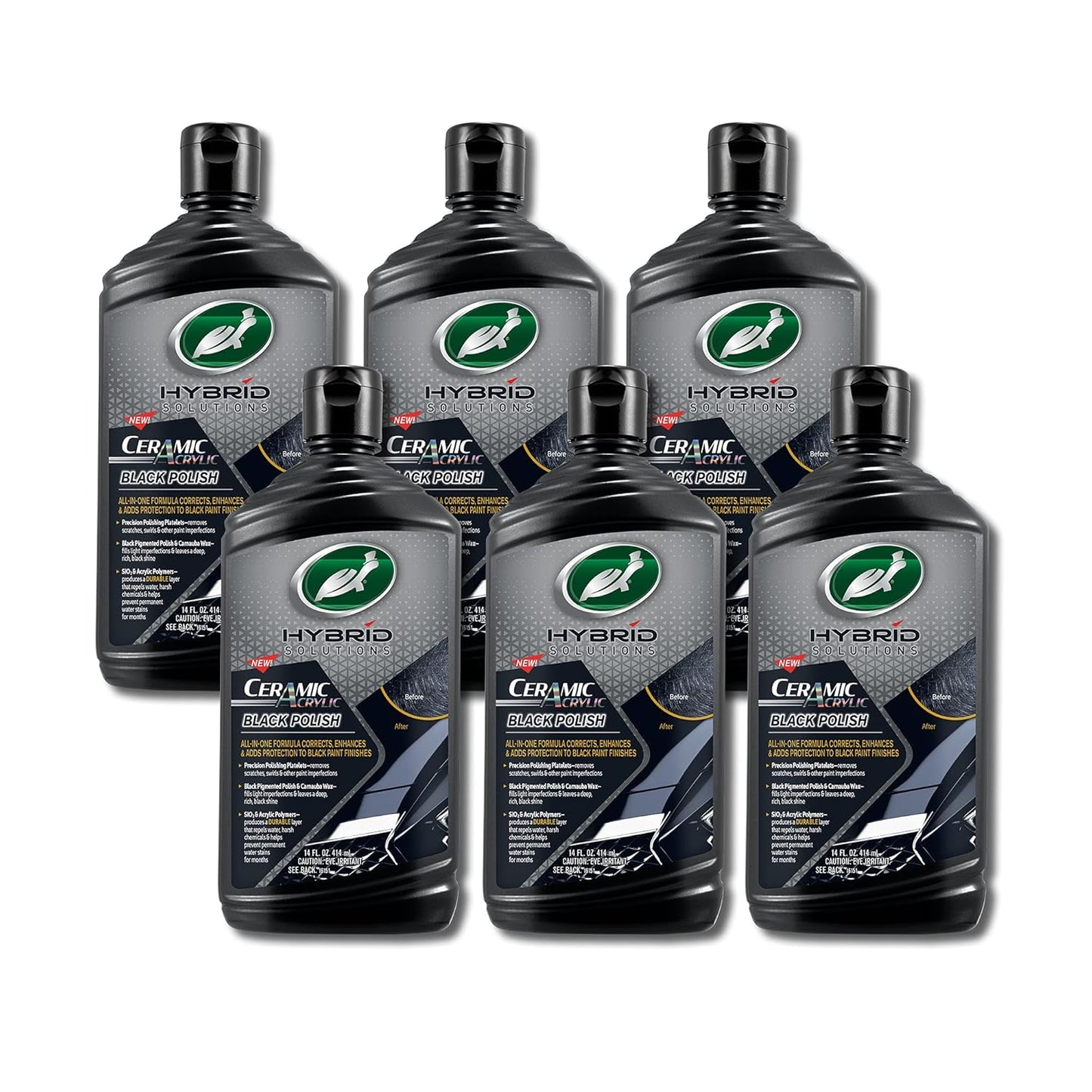 Turtle Wax 53448-6PK Hybrid Solutions Ceramic Acrylic Black Polish and Wax Formulated for Black Car Paint, Removes Surface Scratches and Swirl Marks, Provides Water Repellency, 14 oz. (Pack of 6)