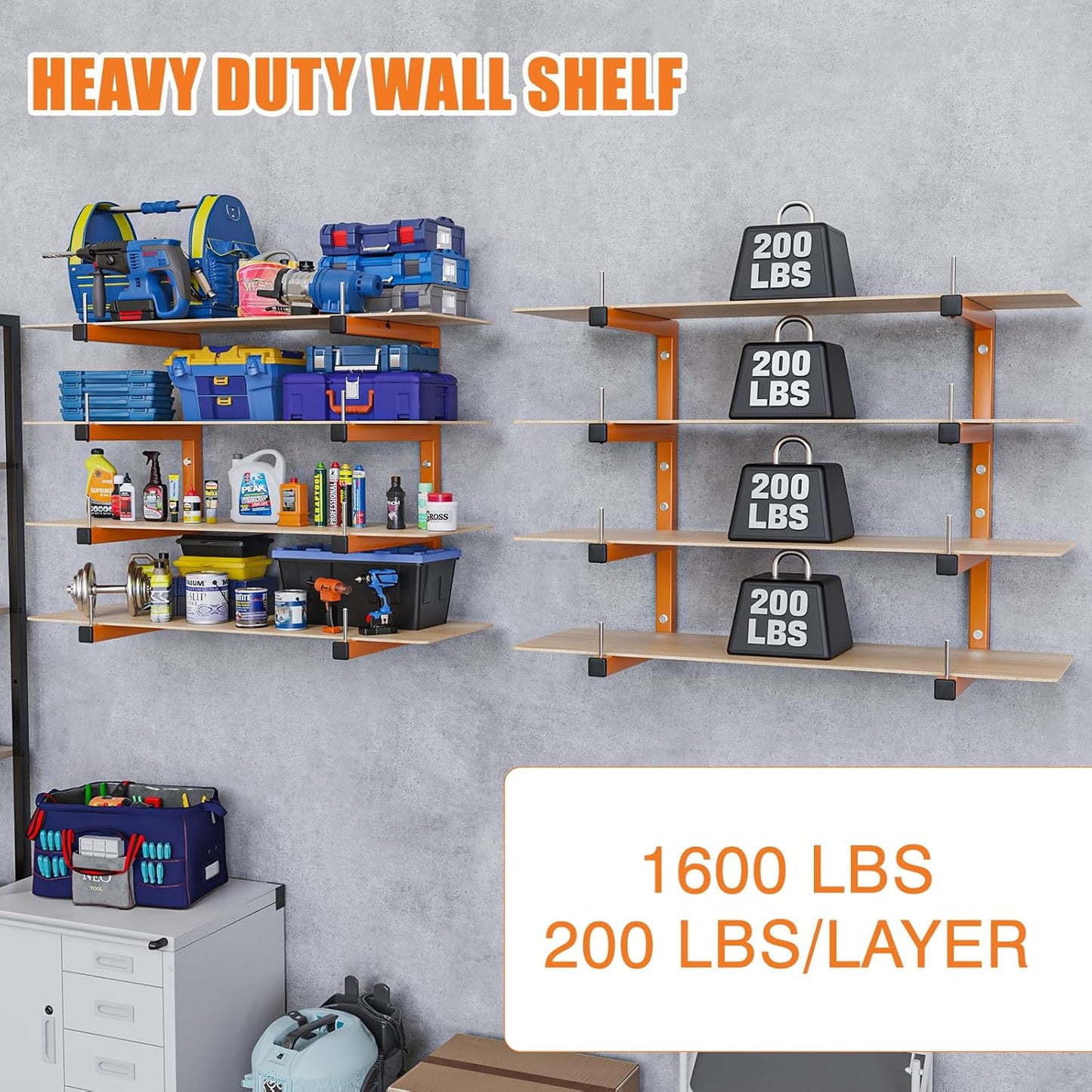 4-Pack Lumber Storage Rack, Wood Storage Racks Wall Mount, Heavy Duty Garage Wood Organizer With 8-Level System, Orange Utility Rack Organization Up 1600 Lbs, Metal Lumber Shelf for Indoor & Outdoor