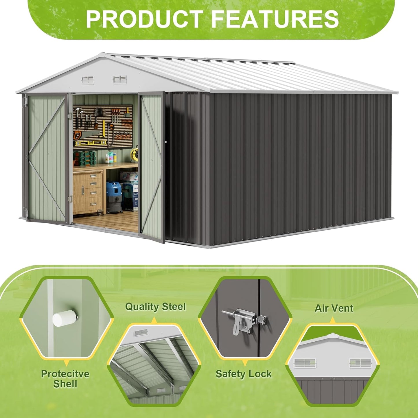 JUMMICO 10 x 10 FT Outdoor Storage Shed, Large Metal Garden Shed & Tool Sheds for Backyard Garden Patio Lawn (Grey)