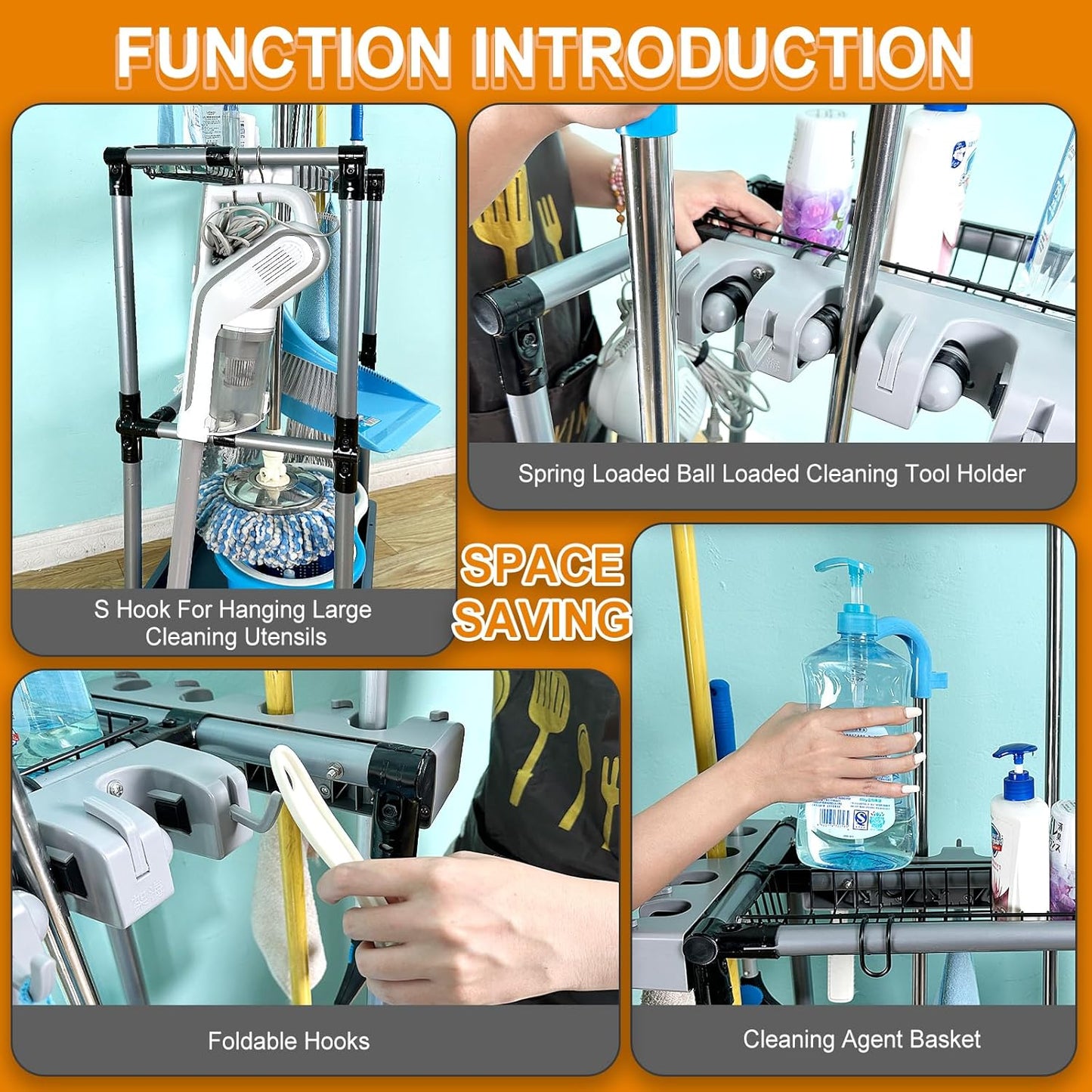 Floor-Standing Multi-Functional Cleaning Tool Organizer storage broom mop and cleaning supplies