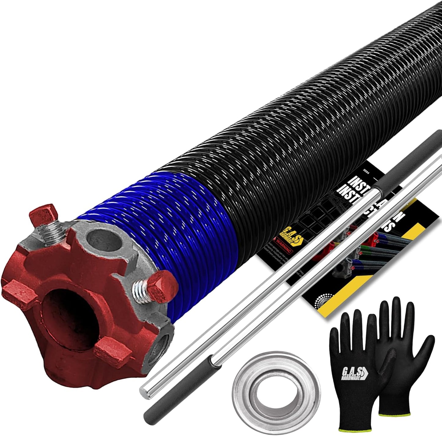 Garage Door Torsion Spring 262x1.75x38 Includes 1” Steel Bearing, Non-Slip Gloves, and Winding Bars for Left Side of Garage Door Precision E-Coating 5-Year Warranty Min. 30,000 Cycles (Red Cone)