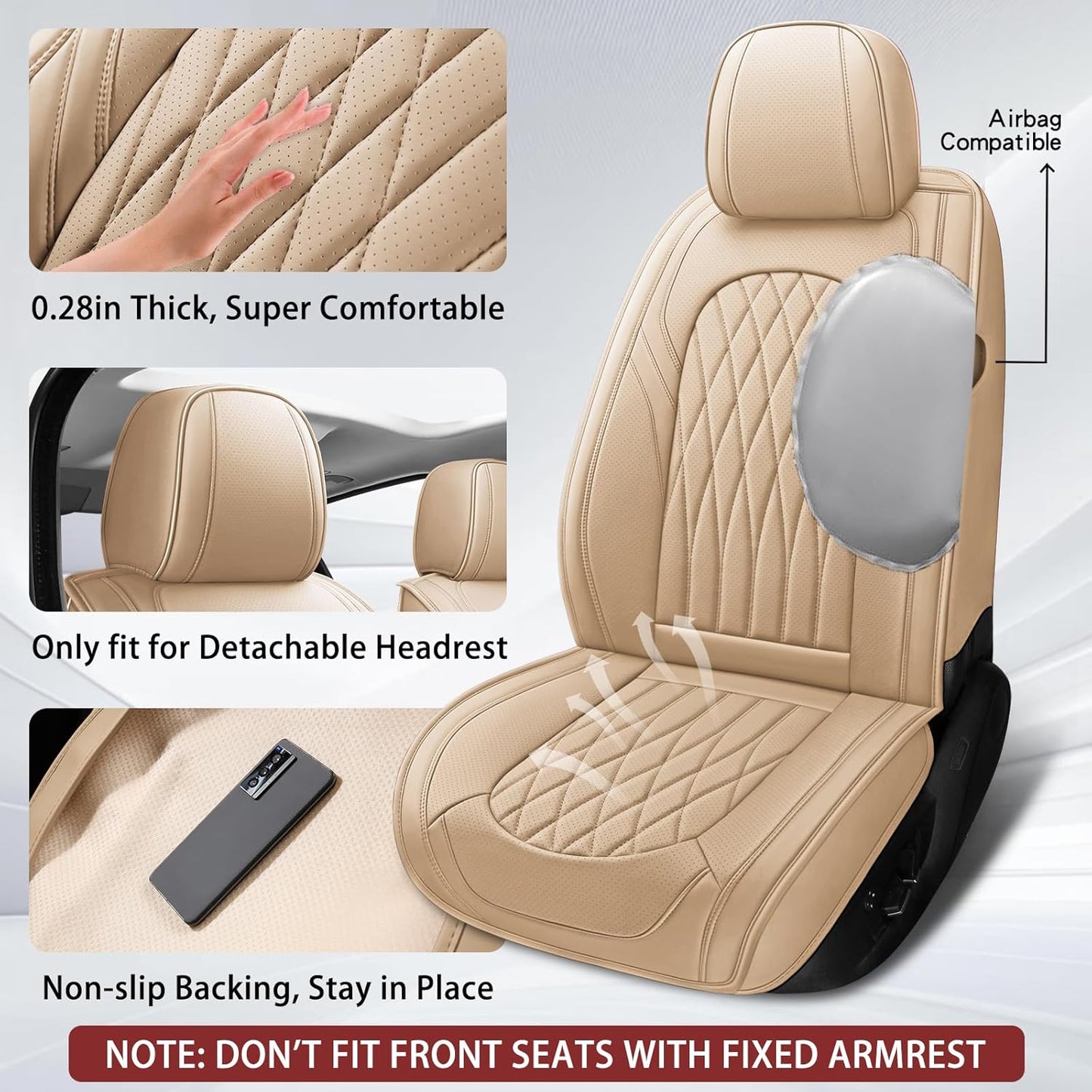 WELLDO Car Seat Covers Front Seats, Leather Seat Covers for Cars, Front Car Seat Protector Waterproof, Non-Slip Car Interior Covers Universal Automotive Seat Covers for Most Vehicle, Beige