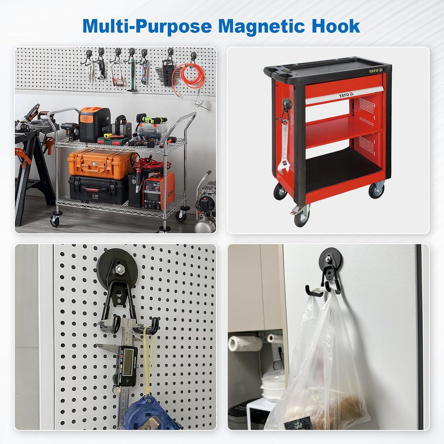 2-Pack Large Heavy-Duty Magnetic Garage Hooks - Strong Magnetic Tool and Utility Hooks with Anti-Scratch Rubber Coating - Ideal for Garage, Workshop, Tool Cart, and Outdoor Storage