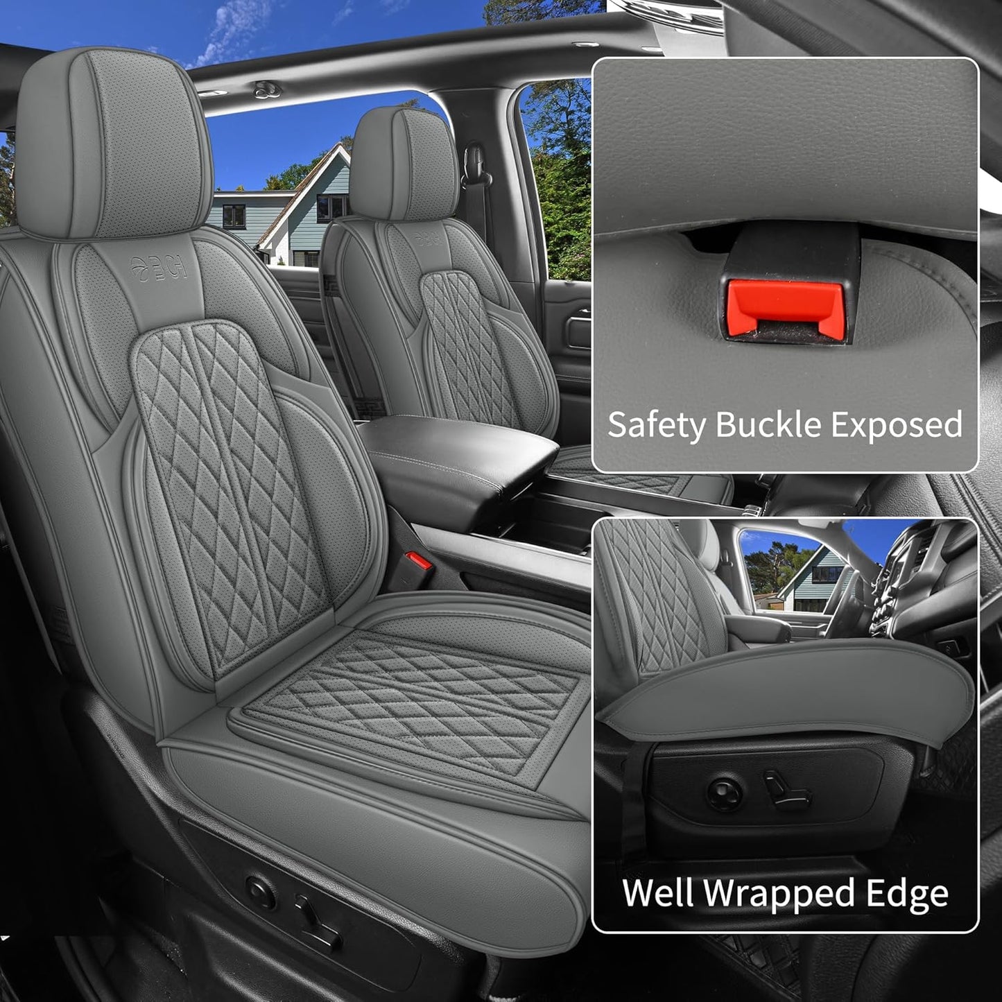 Car Seat Cover Custom Fit for Dodge Ram 1500 2500 3500 2002-2024 Faux Leather Seat Cover Set Compatible with Crew Quad Regular Cab Pickup Truck Cushions (Grey, Full Set, Flat Rear)