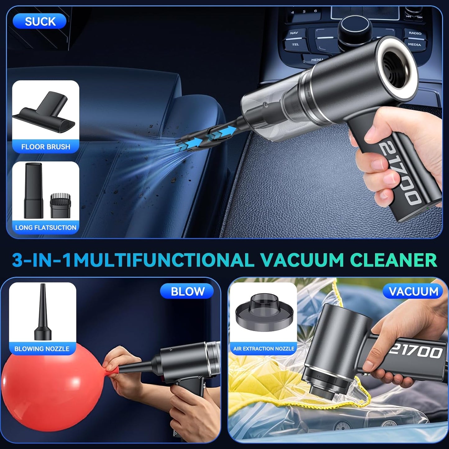 Car Vacuum Cordless Portable with Brushless Motor,16000PA Suction Power, 3-in-1 Compressed Air Duster & Air Blower & Pump Wireless Mini Handheld Cleaner for Home, Car, Pet, Office