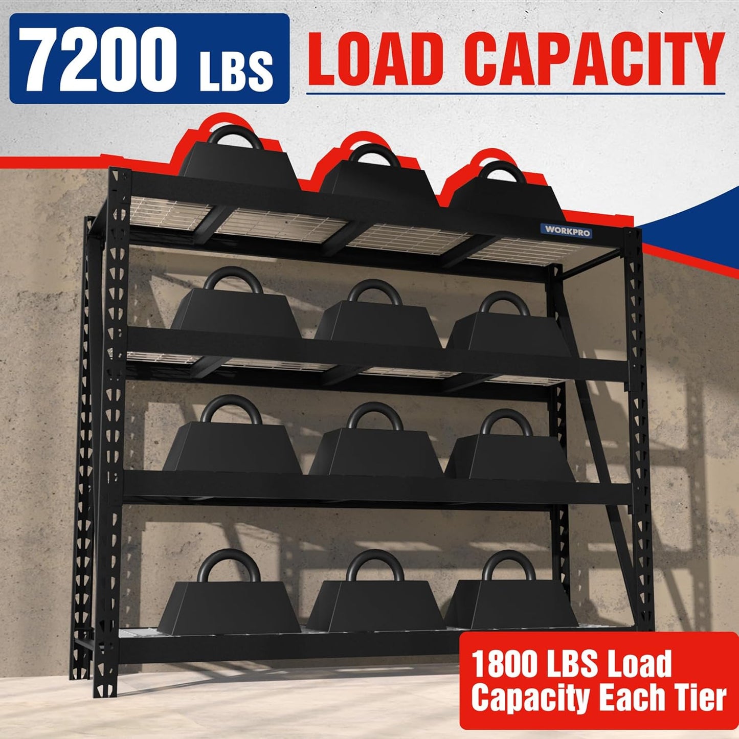 WORKPRO Garage Shelving, 68" W x 24" D x 65" H, 7200 LBS Load, Heavy Duty Metal Shelving for Storage, Industrial Shelving Storage Rack for Warehouse Kitchen Shop Basement, Black, Pack of 2