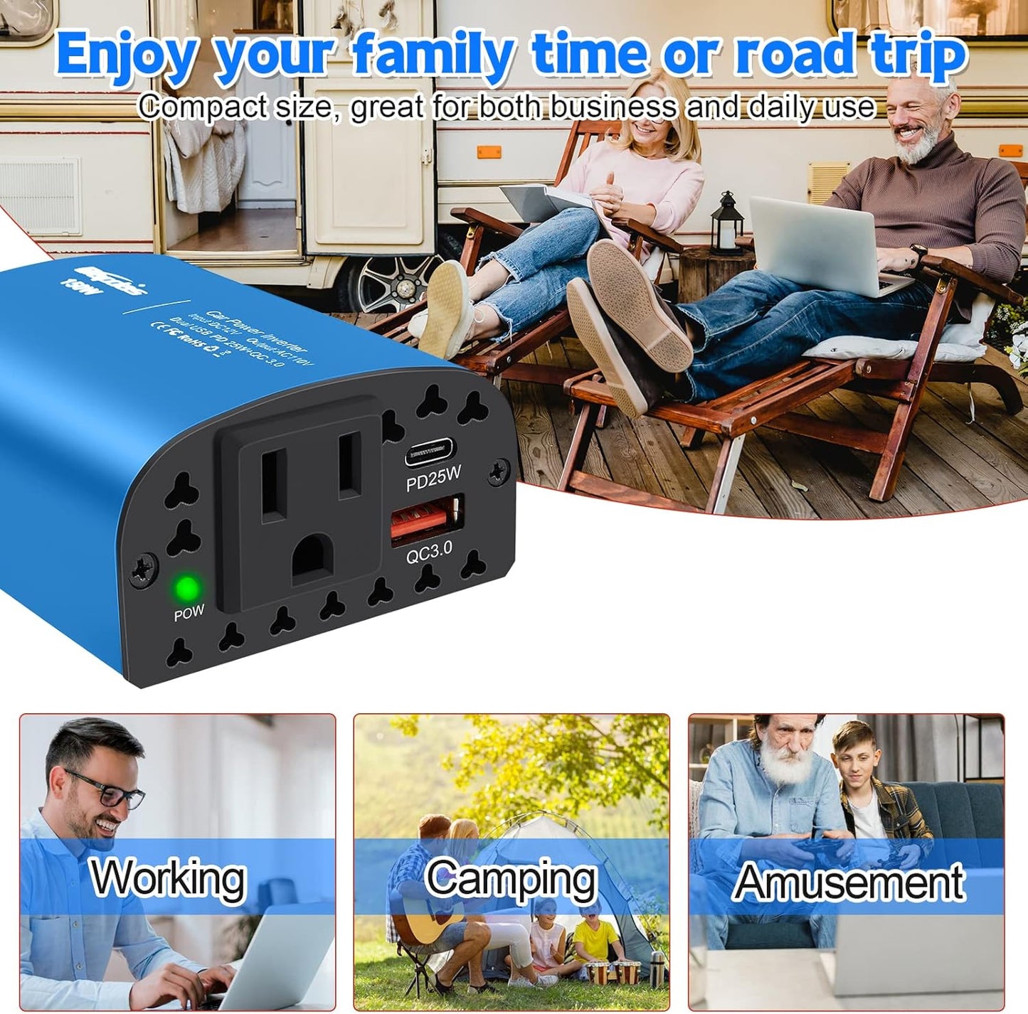 150W Car Power Inverter DC 12V to 110V AC Car Plug Outlet Adapter with PD 25W USB C & QC3.0 Car Laptop Charger-Blue