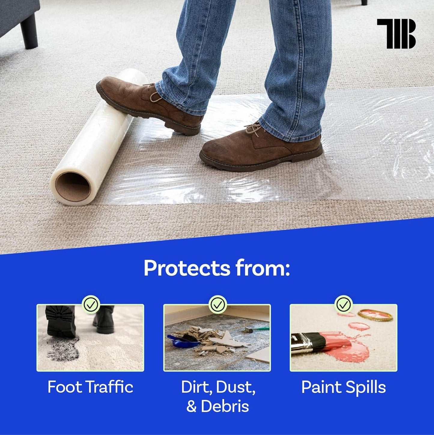 TapeManBlue Carpet Protection Film 36" x 200' roll. Made in The USA. Easy Unwind, Clean Removal, Strongest and Most Durable Plastic Carpet Protector. Clear, Self-Adhesive Surface Protective Film.