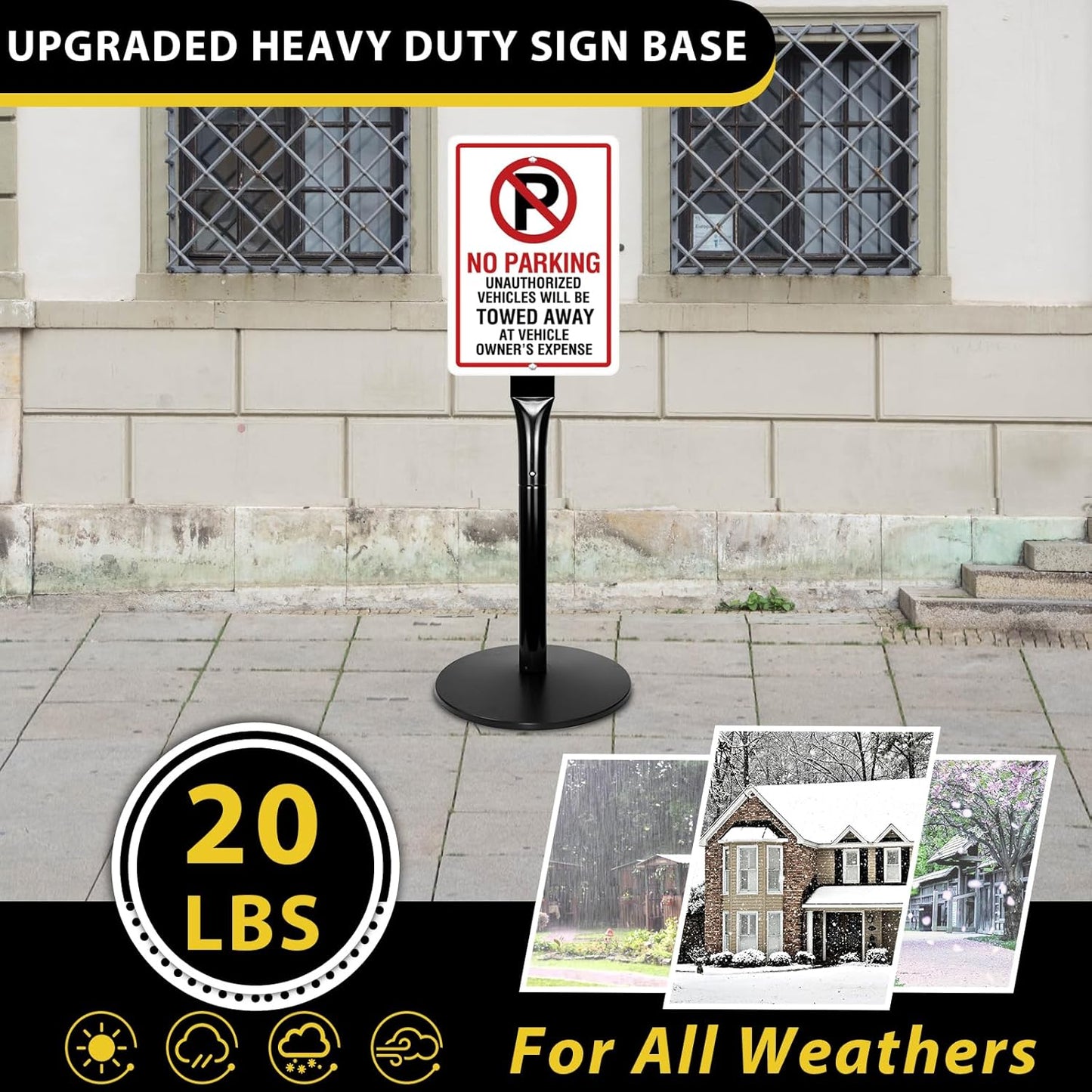 Parking Sign Post with Base - 20 Lbs Heavy Duty Parking Sign Stand for Hanging Traffic Construction Street Warning Notice, Movable Black Cast Iron Base Stand for Outdoor Use, 1 Pack