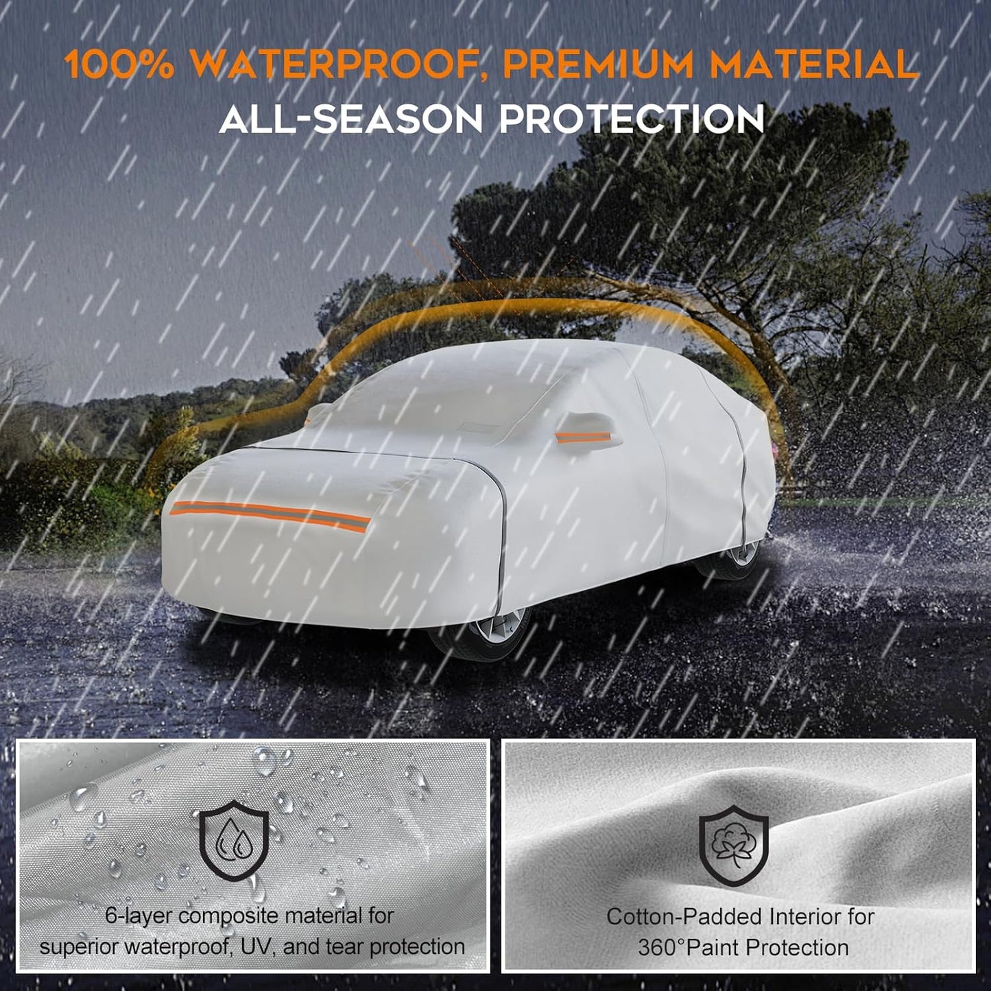 Waterproof Car Cover for Hatchback: 6-Layer All-Weather Protection from Rain, Snow, UV & Dust - Universal Fit for Hatchbacks up to 165 inches with Zipper Door & Windproof Straps, Silver